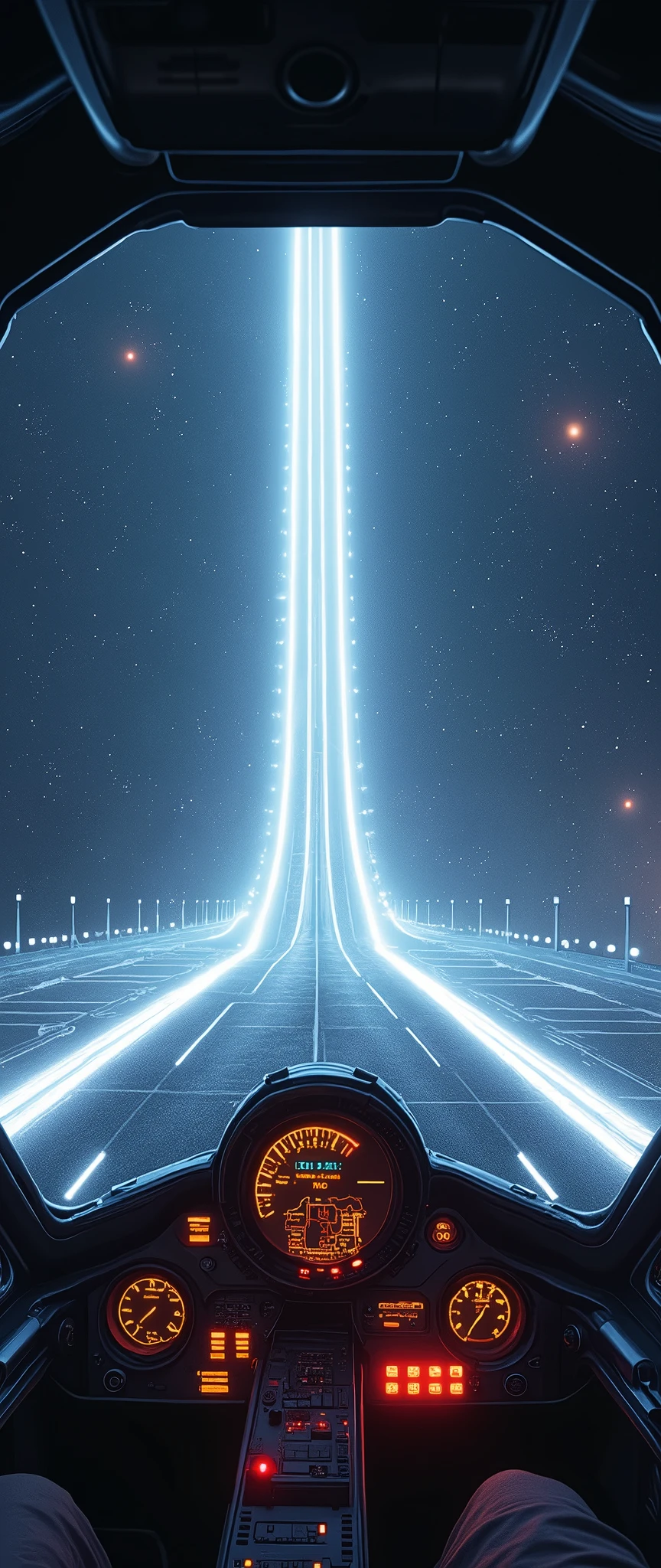 (masterpiece:1.2,Distinguished Quality,Mirror-like,Cinematic Experience),8k,wallpaper,View from the cockpit of a space fighter,(Departing from the cosmic mothership:2.0),(The runway, composed of light, extends from the mothership into space.:2.0),(The runway is marked by a white dotted line.:2.0),(Cockpit drawing:2.0),(dynamic:2.0),(Drawing of a runway and outer space:2.0),