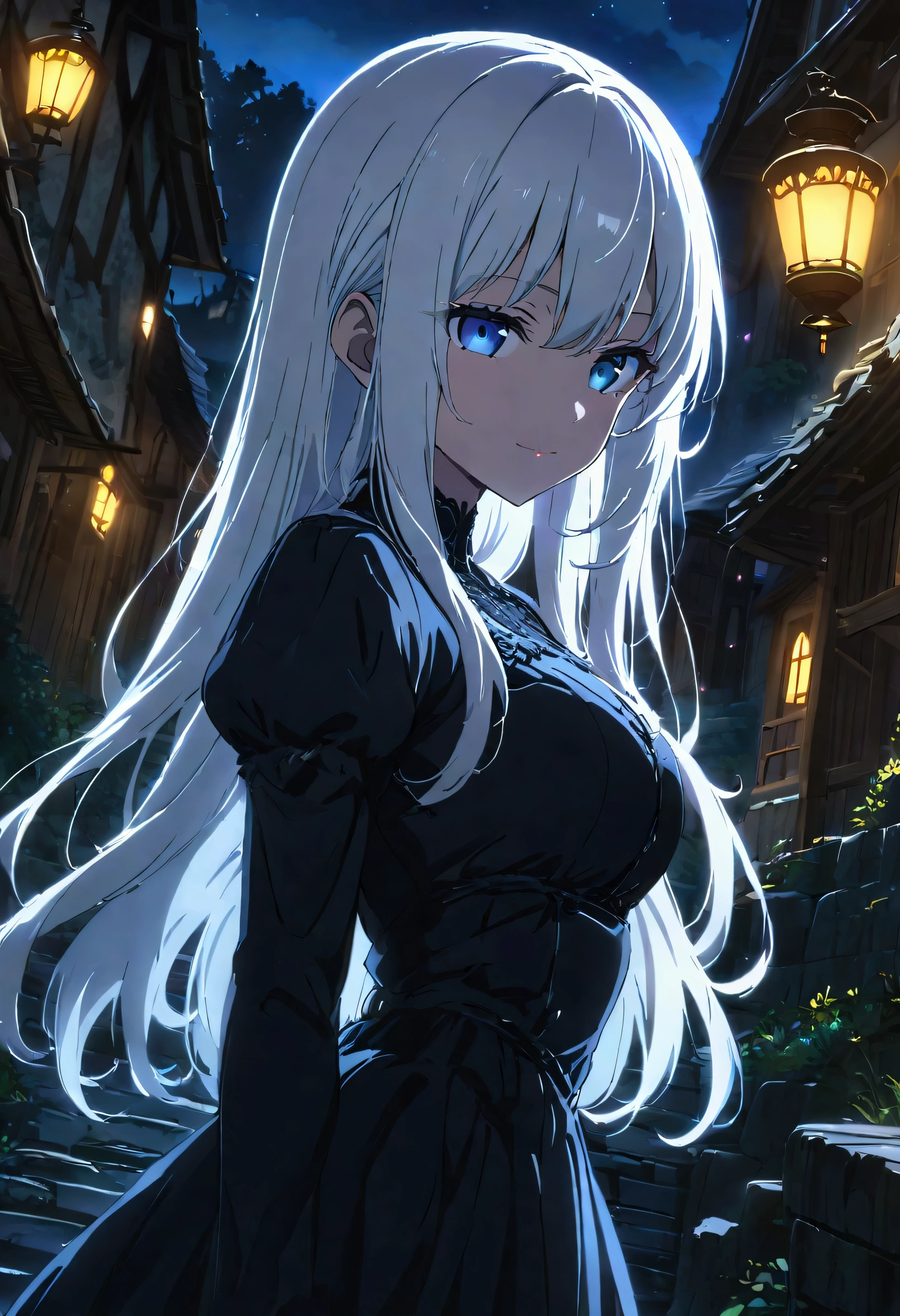 ((beautiful girl)), seductive pose, ((black long-sleeved dress)), white hair, shoulder-length hair, blue eyes, light smile, night, village, anime, detailed lighting, UHD, edge lighting