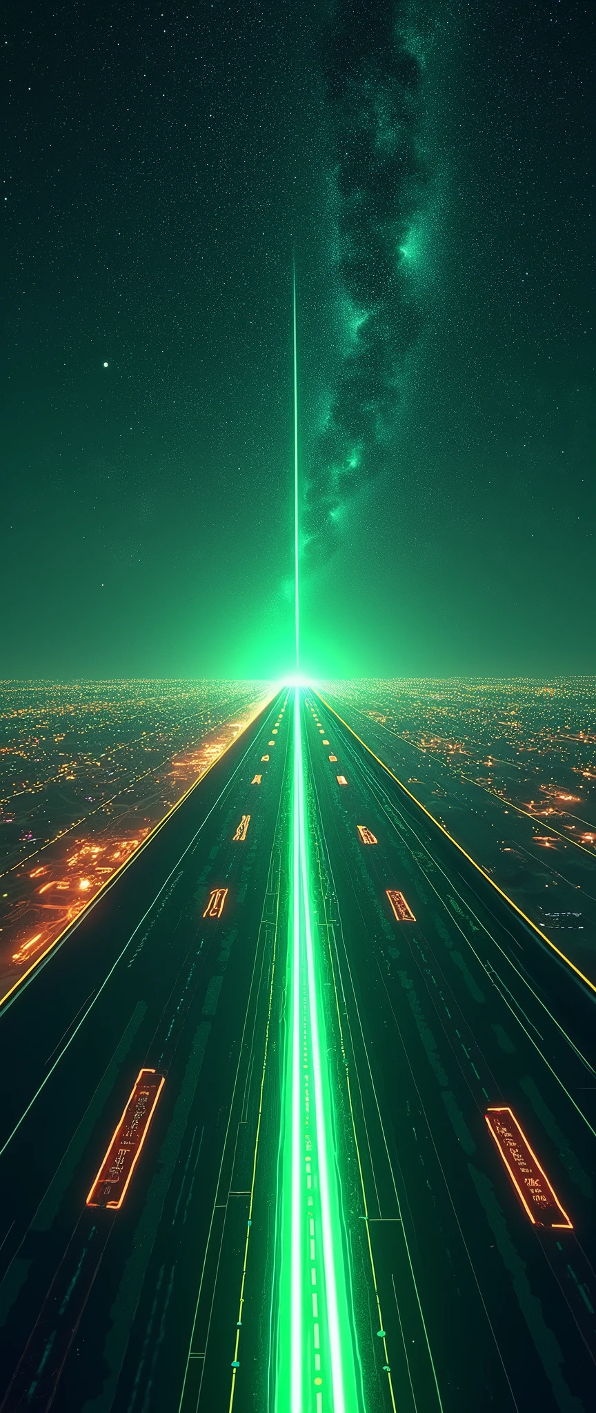 (masterpiece:1.2,Distinguished Quality,Mirror-like,Cinematic Experience),8k,wallpaper,View from the cockpit of a space fighter,(Departing from the cosmic mothership:2.0),(The runway, composed of light, extends from the mothership into space.:2.0),(The runway is marked with a dashed line of green lights.:2.0),(Cockpit drawing:2.0),(dynamic:2.0),(Drawing of a runway and outer space:2.0),