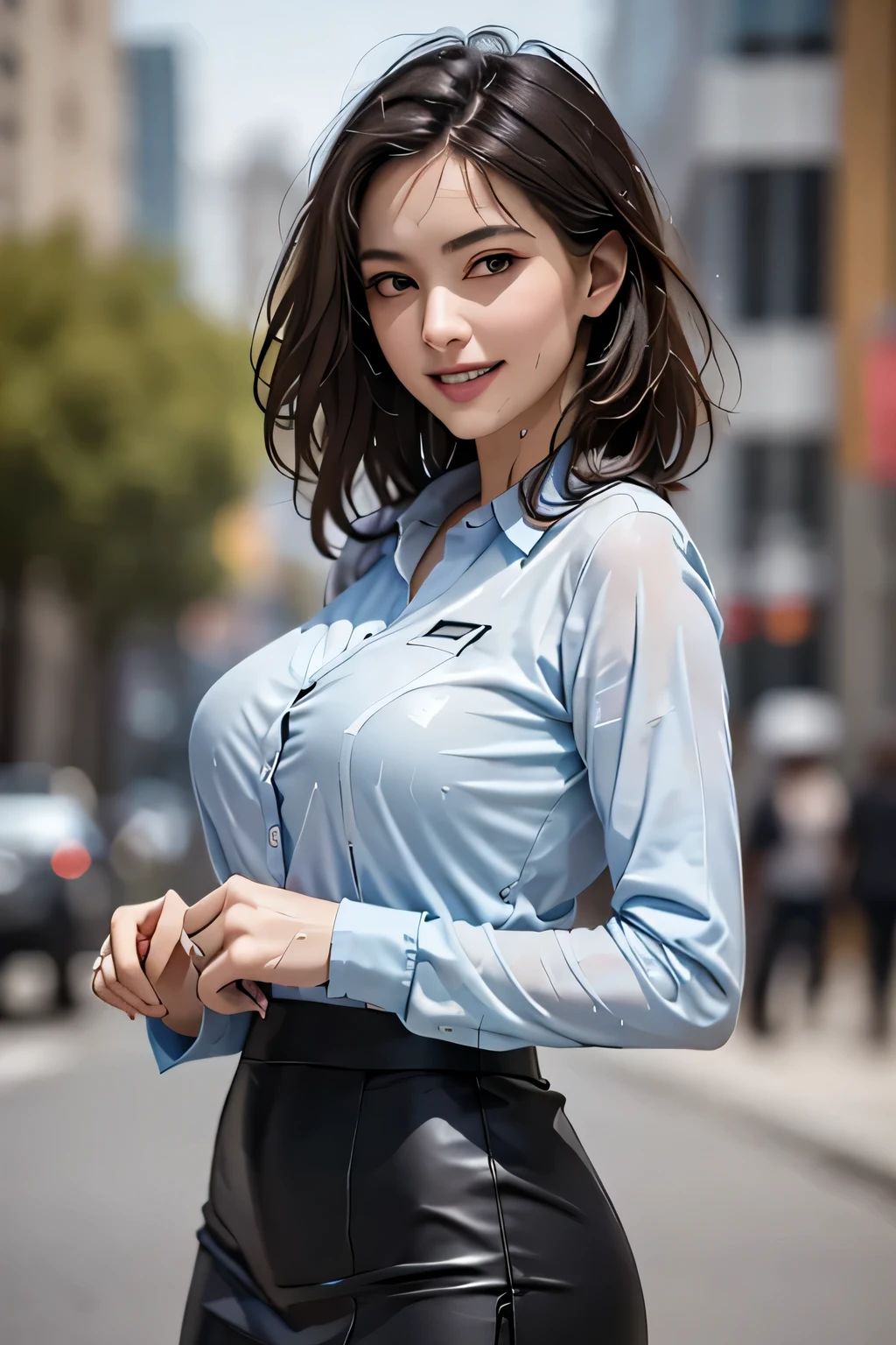 ((Highest quality, 8k, masterpiece: 1.3, Realistic)), sharp: 1.2, Perfect Body Beauty: 1.4, １woman, Beautiful middle age, Highly detailed face and skin texture, Detailed eyes, double eyelid, eyelash, (Beautiful Teeth), Grin, (Big Breasts), (Wet blue Button Long Shirt: 1.1),Tight mini skirt, (rain, street: 1.2), Wet: 1.5, Looking into the camera