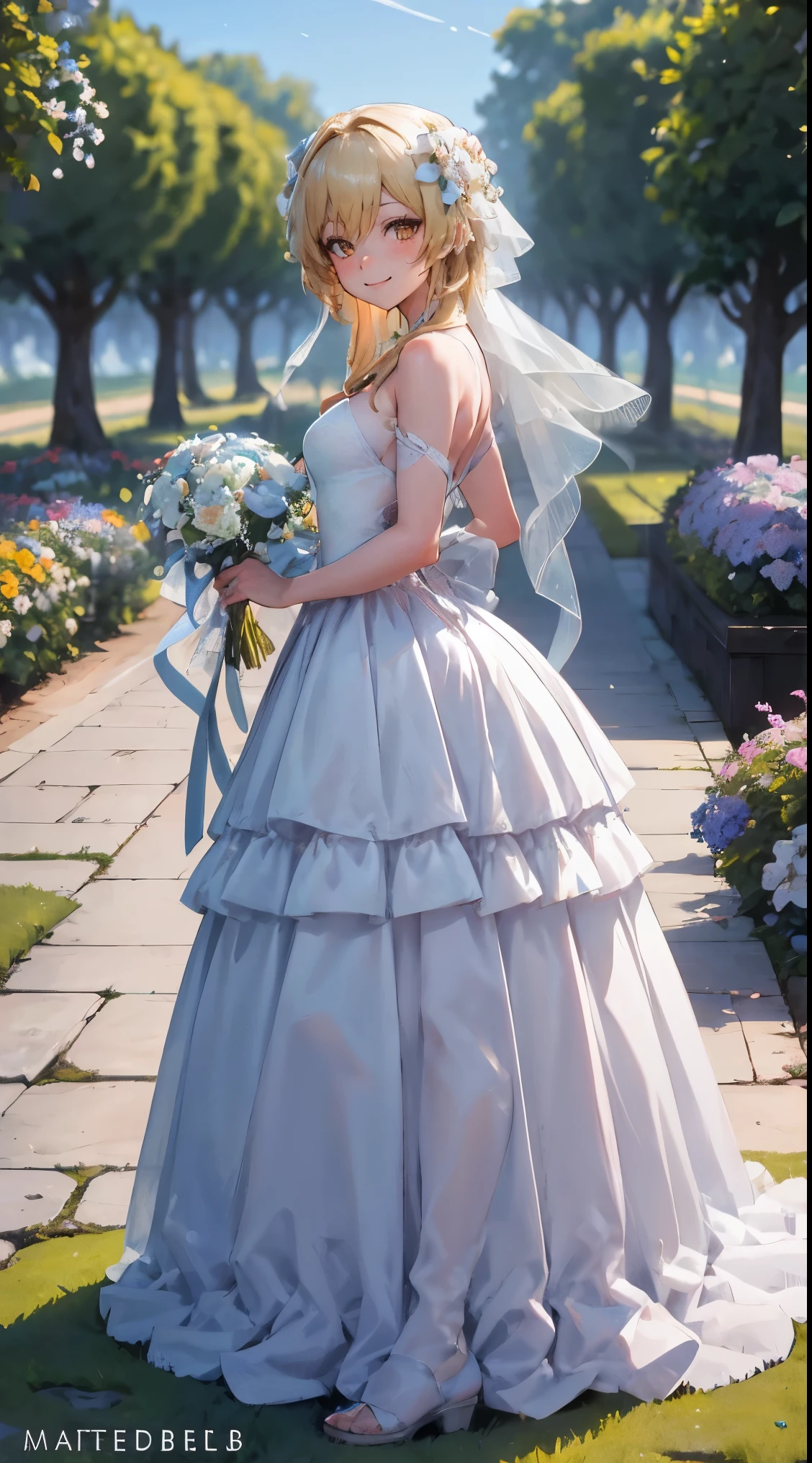 Light | Genshin Impact, masterpiece, Highest quality, One person,Age 25, Proportion body, Proportion., Mermaid wedding dress, White Wedding Dress, Long skirt, wedding, Medium chest, ,only, Standing in the middle of a flower garden, Outdoor, wedding, The sky is beautiful, holding a bouquet of flowers in both hands............, Facing the viewer., Thigh straps, Tilt your head, boredom, 10, 10, High resolution, smile,