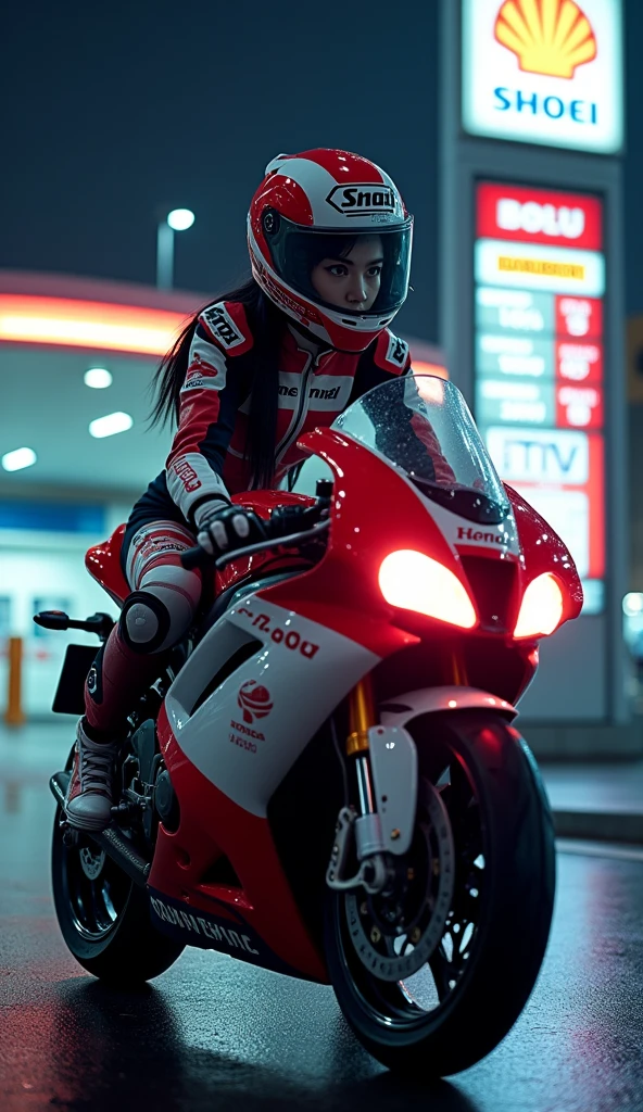 very beautiful Japanese high school girl, She came to the gas station by racing motorcycle at night, Shopping with a helmet on, dramatic scene, masterpiece, (upper body:1.3), clear helmet visor, beautiful eyes, honda bike, Shoei helmet, (wearing motorcycle racer's outfits)