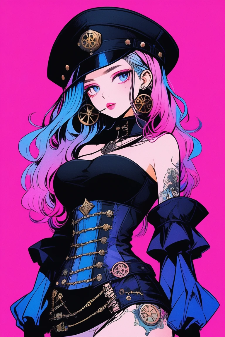 Illustrator, anime , Realistic ,sketch , 1 person, model, Portraiture, lip, wearing a gothic steampunk hat, Black bustier jumper skirt, Bare shoulders, order, Blue and pink gradient background, Neon colored hair, Big Breasts, (((Upper Body))), (((look back))), Sexy look, Sexy pose, Texture Trim, Russia, (masterpiece,Highest quality)