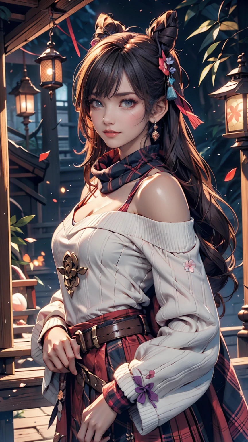 (Realistic painting style:0.9), masterpiece, Highest quality, Absurd, View your viewers, alone, Stingy (Lantern Ceremony) (Genshin Impact), Stingy (Genshin Impact), Hair Bun, skirt, scarf, purple sweater, white skirt, Purple Hair, sweater, Twin tails, Purple eyes, Diamond-shaped pupils, hair ornaments, Exposing shoulders, smile, chest, cone Hair Bun, Long Hair, belt, Double Bang, Long sleeve, bangs, bow, Hair Flower, hair bow,ribbon, hair ribbon, Braiding, Plaid scarf, Plaid, Off the shoulder