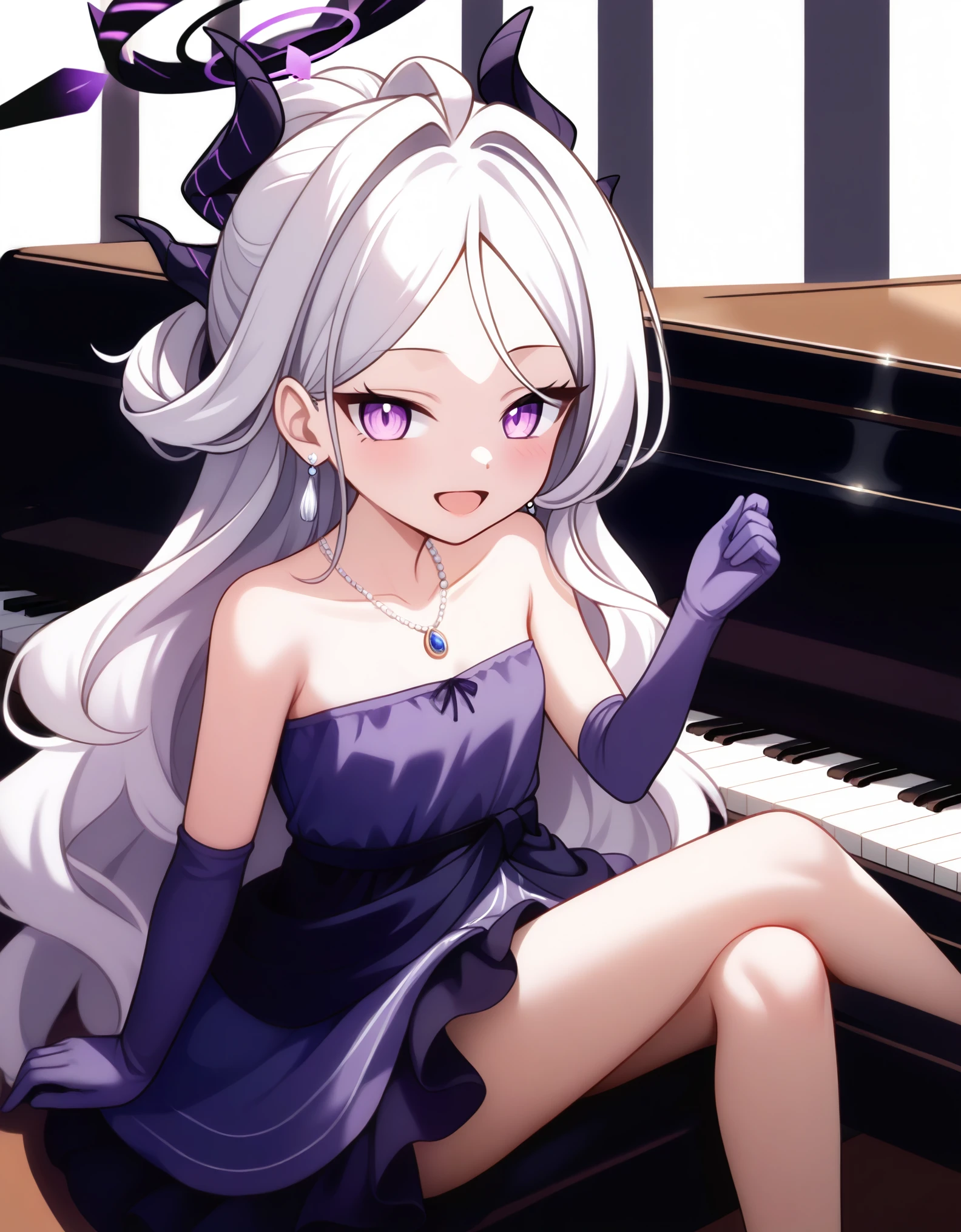 masterpiece, best quality, blue archive, hina (blue archive), sorasaki hina, 1girl, solo, smile, blush, purple eyes,horns, shiny purple halo, open mouth, alternate hairstyle, parted bangs, hair bun, sidelocks, collarbone, dress, gloves, bare shoulders, sparkling dress, purple dress, necklace, earrings, Sitting, playing piano, grand piano, piano recital