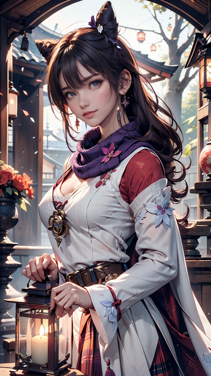 (Realistic painting style:0.9), masterpiece, Highest quality, Absurd, View your viewers, alone, Stingy (Lantern Ceremony) (Genshin Impact), Stingy (Genshin Impact), Hair Bun, skirt, scarf, purple sweater, white skirt, Purple Hair, sweater, Twin tails, Purple eyes, Diamond-shaped pupils, hair ornaments, Exposing shoulders, smile, chest, cone Hair Bun, Long Hair, belt, Double Bang, Long sleeve, bangs, bow, Hair Flower, hair bow,ribbon, hair ribbon, Braiding, Plaid scarf, Plaid, Off the shoulder