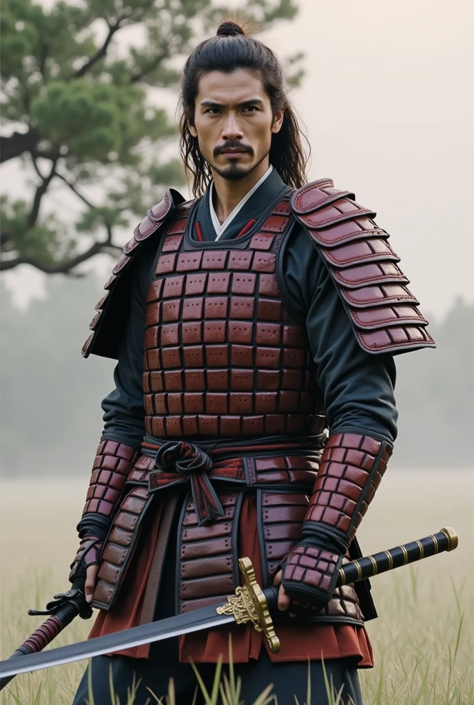 トムクルーズ主演の映画The Last Samuraiをオマージュして、The Last Samurai, alone、(Departing into the morning mist of dawn)、Blur the background、Wearing new, beautiful armor with a black base and red threatening accents.、A sense of tragedy and tension、(Highest quality、masterpiece)、4K、