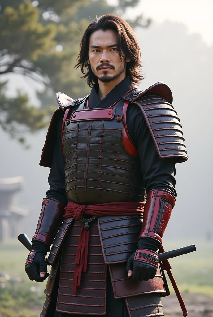 トムクルーズ主演の映画The Last Samuraiをオマージュして、The Last Samurai, alone、(Departing into the morning mist of dawn)、Blur the background、Wearing new, beautiful armor with a black base and red threatening accents.、A sense of tragedy and tension、(Highest quality、masterpiece)、4K、