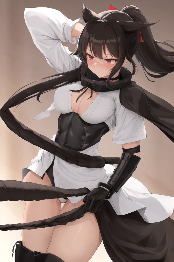 Homura(Senran Kagura), Homura has tanned skin and her dark brown hair is tied in a long ponytail with a white ribbon, the ends of the ribbon standing straight up. She wears a short black dress that looks similar to her old Hebijo uniform, and covers it with a small, light grey jacket, with samurai leg armor on each side. Around her neck is a long black cape with white trim. At the surface of her appearance, Homura has a rather cool demeanor to her upon interaction. Homura has tanned skin and her dark brown hair is tied in a long ponytail with a white ribbon, the ends of the ribbon standing straight up. She dons the usual Hebijo uniform, which is an all black sailor fuku with red trim. Like Asuka, she wears wrist guards on her forearms with bandages underneath. She wears white loose socks with brown dress shoes. Body and Physique: Homura has a well-defined, athletic build that reflects her ninja training. Her body is lean and toned, with prominent muscle definition in her arms and legs, indicating her strength and agility. Her waist is narrow, leading to a more pronounced hourglass figure, which is accentuated by the design of her outfit. Her posture is often upright and confident, embodying the discipline and skill of a seasoned warrior. Despite her sleek and agile appearance, she maintains a strong and resilient physique, essential for her role in battle. #NSFW, #HENTAI, #PORN, #Ass display, #Bending over exhibition, #Panty exposure, #Underwear tease, #Lewd invitation.