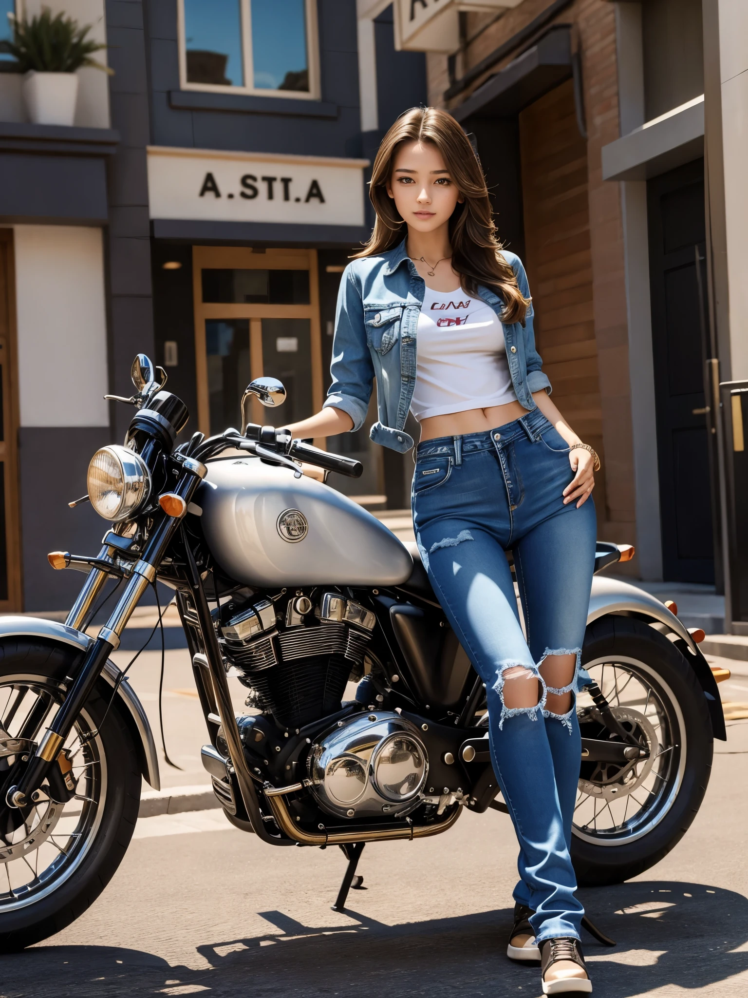 A beautiful girl with long legs who looks great in a motorcycle and tight denim.