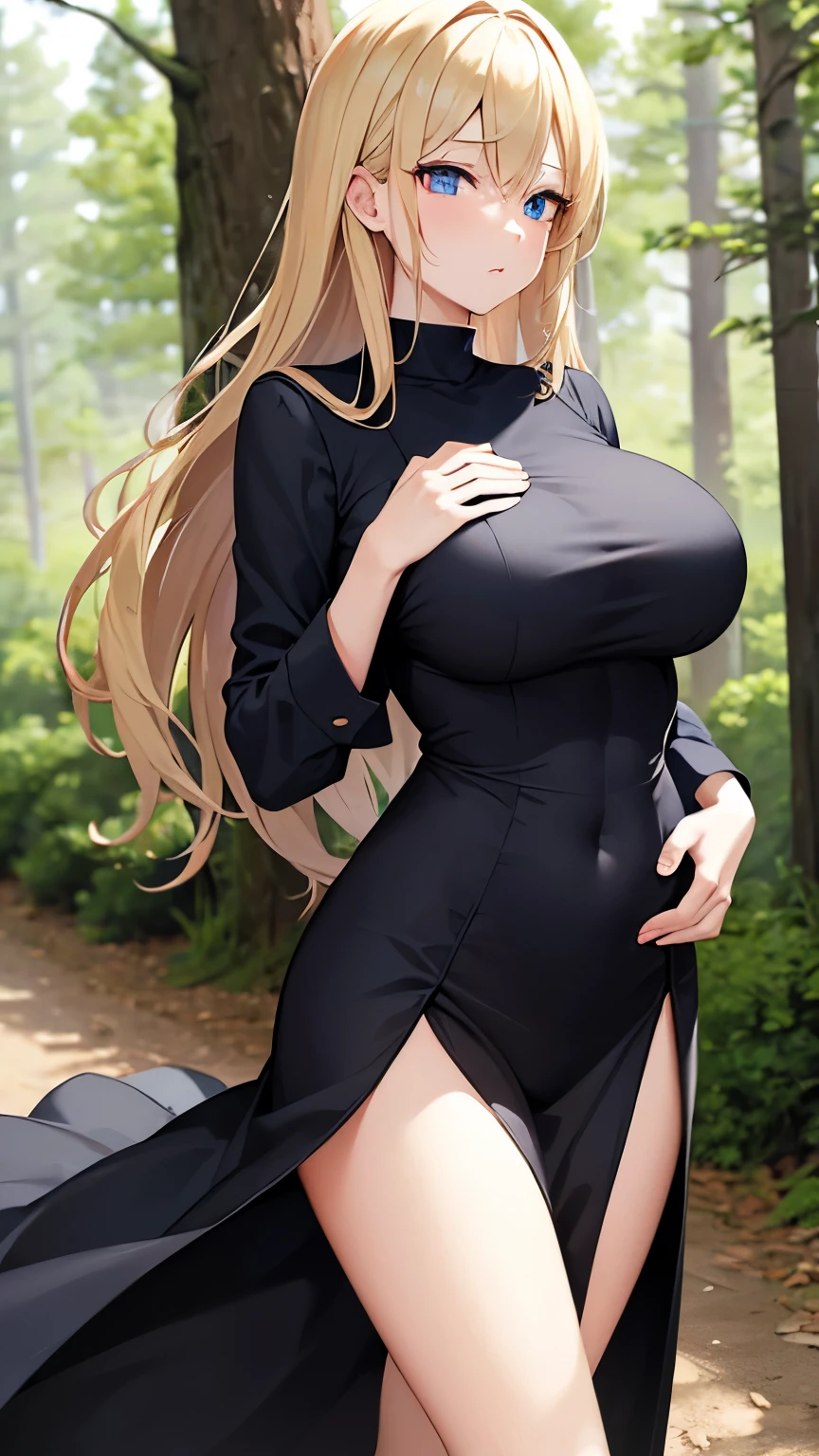 A woman，Long blond hair，Black eyes，in the forest，Wearing a black bikini，cheongsam，Long legs，Nipple protrusion，Twenties，exposed，Black high heels，Super super large breasts，f cup，Huge breasts，超级Huge breasts，Standing