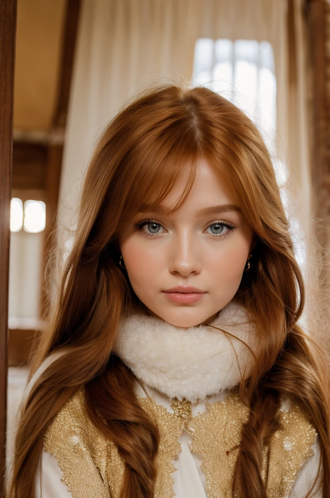 Ginger-haired Russian woman in traditional winter attire, capturing the essence of multiple adjectives such as kind-hearted, warm-hearted, sweet, polite, sensitive, friendly, charming, graceful, stylish, classy, alluring, majestic, ethereal, angelical, long hair framing the face, intricate embroidery on costume, soft glow accentuating gentle facial features, shot in the golden hour light.