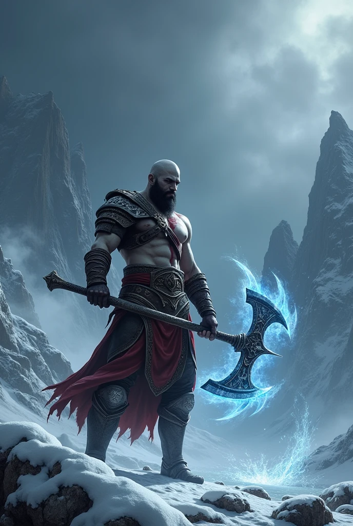 Kratos is in a fighting stance, holding the Leviathan Axe. The axe blade glows with blue light and cold smoke.