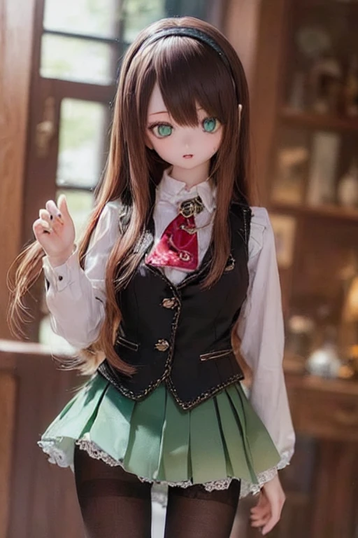 (SFW:2), photorealistic, realistic photo, 8k, ((highest quality)), ((masterpiece)), (extremely detailed), kukolnydom, doll, (mature woman, 21yo, 21 years old, solo:1.6), ((cowboy shot, standing, parted lips, slim, slender, skinny, medium breasts, hairband, ascot, vest, dress shirt, long puff sleeves, pleated skirt, black pantyhose)), (green eyes, brown hair, long hair, plastic skin, looking at another, glass eyes, gradient eyes, shining eyes, detailed eyes:1.3)