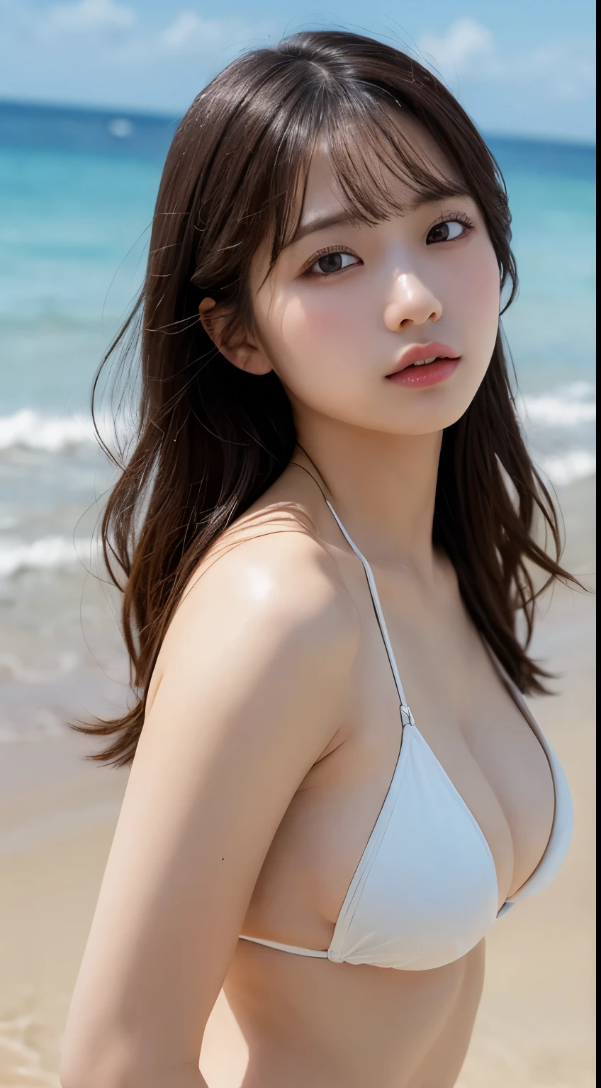 masterpiece, Highest quality, shape, Very detailed, In detail, Highest Resolution, 8k wallpaper, Perfect dynamic composition, Beautiful details,  Natural Lip, bikini, Cleavage, whole body, At the Beach, G-string，Looking into the camera，stand，whole body