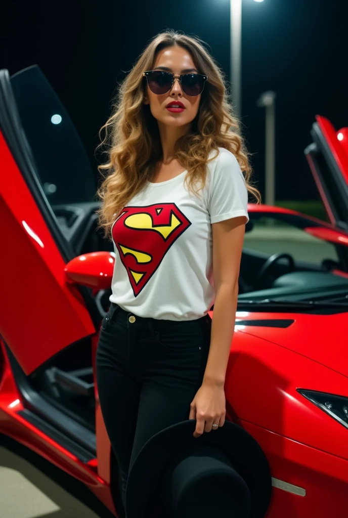 A stylish woman with long, wavy hair is standing beside a sleek, red sports car with its doors open. She wears a white t-shirt featuring a large S not super man logo, tailored black trousers, and trendy sunglasses. A black hat is held in one hand, while her other hand rests by her side. The background is dark, emphasizing the vibrant colors of the car and her outfit.