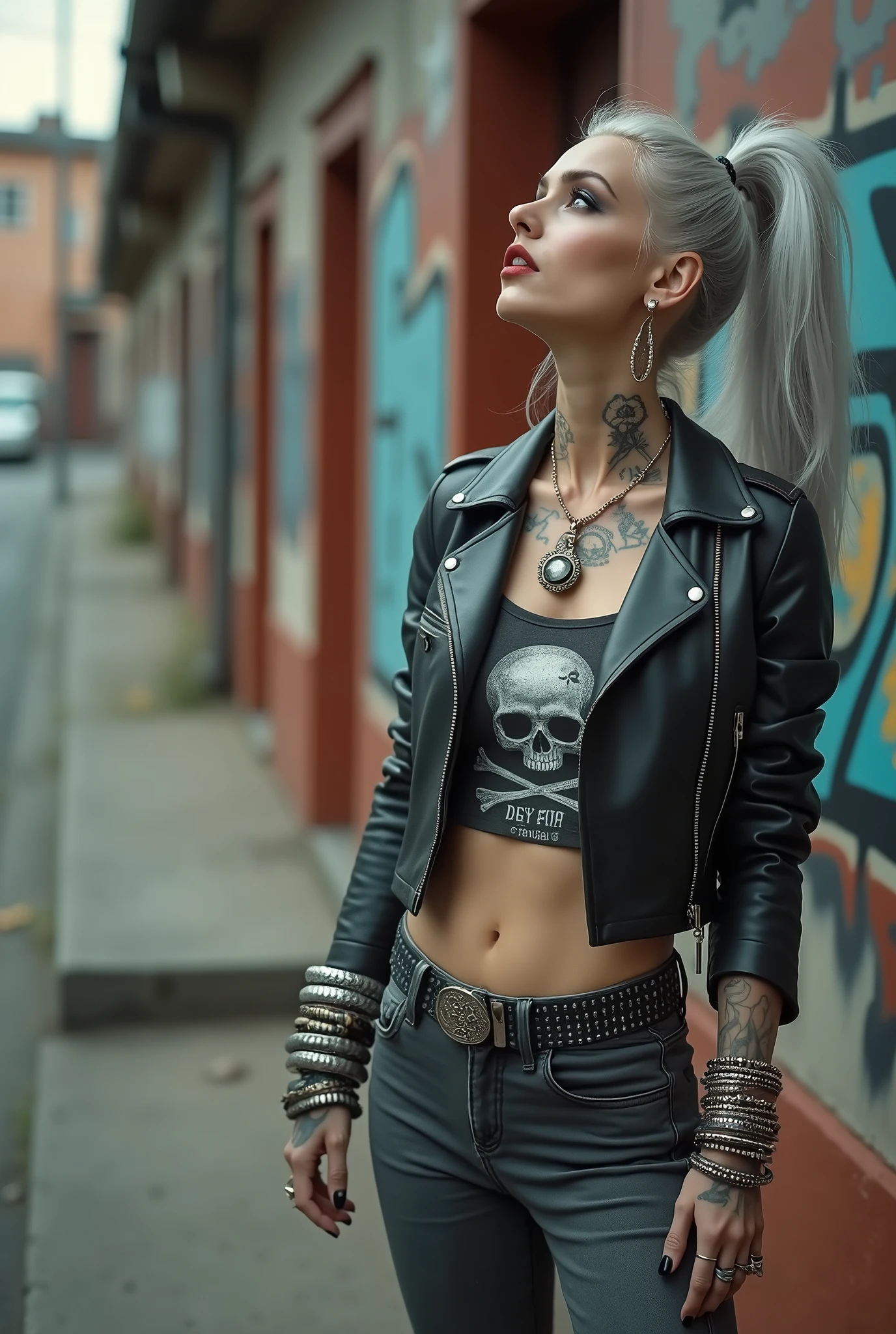 russian old milf woman, biker gang member, long grey hair (ponytail wirh high pouf) with very light blue eyes, extremely pale, heavy eye shadows. Thin. Sad, humbled face, smeared excessive make up and smeared excessive dark red lipstick Wearing cropped black moto jacket, black cropped t-shirt with rock band logo, skinny black jeans and white tennis sneakers. Lots of metallic bracelets. Tacky wide belt with massive skull and bones buckle . Demonic tattoos. Lots of rings. Wide loop earrings. Looks up with amazement because she thinks God is talking to her, mouth and eyes open.