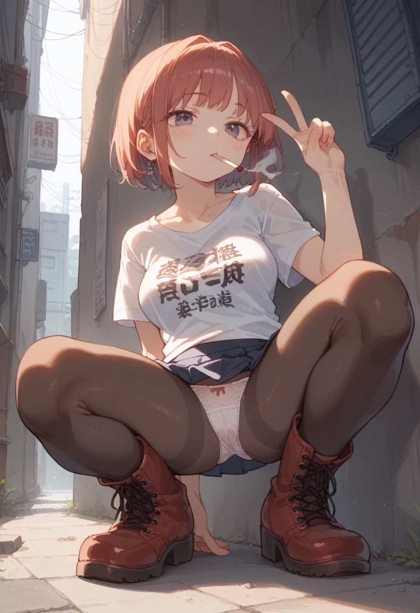 1girl, solo, Alley, squatting, usu with elbows on knees, smoking in one's mouth, Lazy expression, V-neck T-shirts, mini skirt, visible panties, medium breasts, black pantyhose, white lace-up boots, looking out