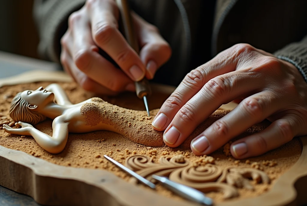 Close-up of the oldest hands, taillant une grande sculpture en bois de chaîne d'une femme allongée couverte d'une robe à fines bretelles et aux détails fractals, copeaux de bois, sculpture, ciseau à bois, outils de sculpteur, grande précision du geste, travail sublime et délicat, oeuvre d'art, masterpiece,  très haute qualité, les mains sont les éléments principaux de la scène, les mains sont hyperréalistes et nets