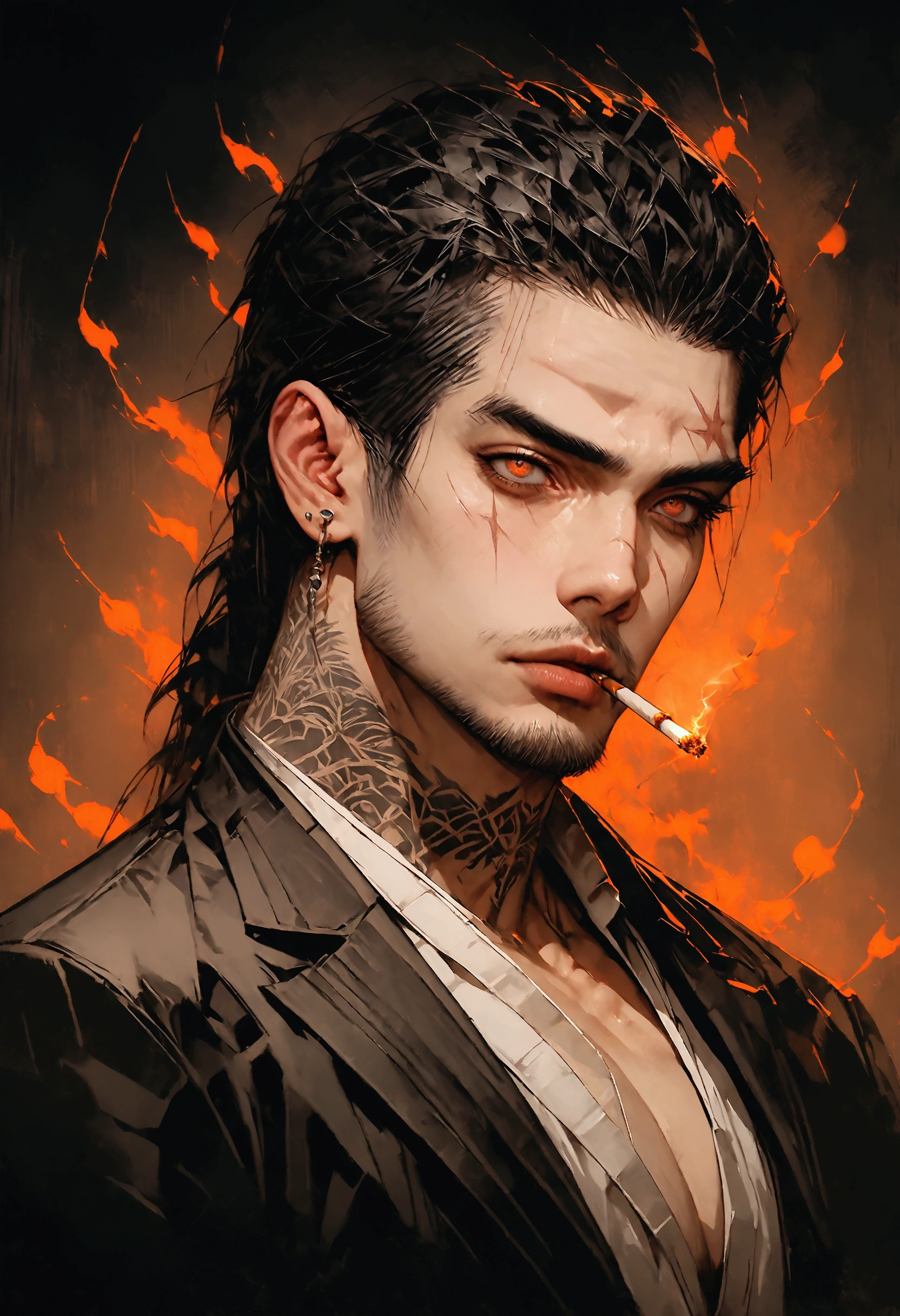 Realistic Digital Painting with Concept Art Elements"," digital painting," "concept art," "realistic," "high detail", "muscular",, "high-res", "ominous aura,", "8k resolution", "oil painting", "darker tone" , "dark saturation" ,"dark feeling", "concept art" , "detailed features" , "detailed eyes" , "1man" , "masculine build" , "yakuza" , "handsome" , "brown eyes" , "tattooed neck" , "suit" , "upper body" , "scar over lip" ,"scarred face" , "dangerous" , "narrow eyes" ," furrowed brows" , "cigarette in hand" "side shot"