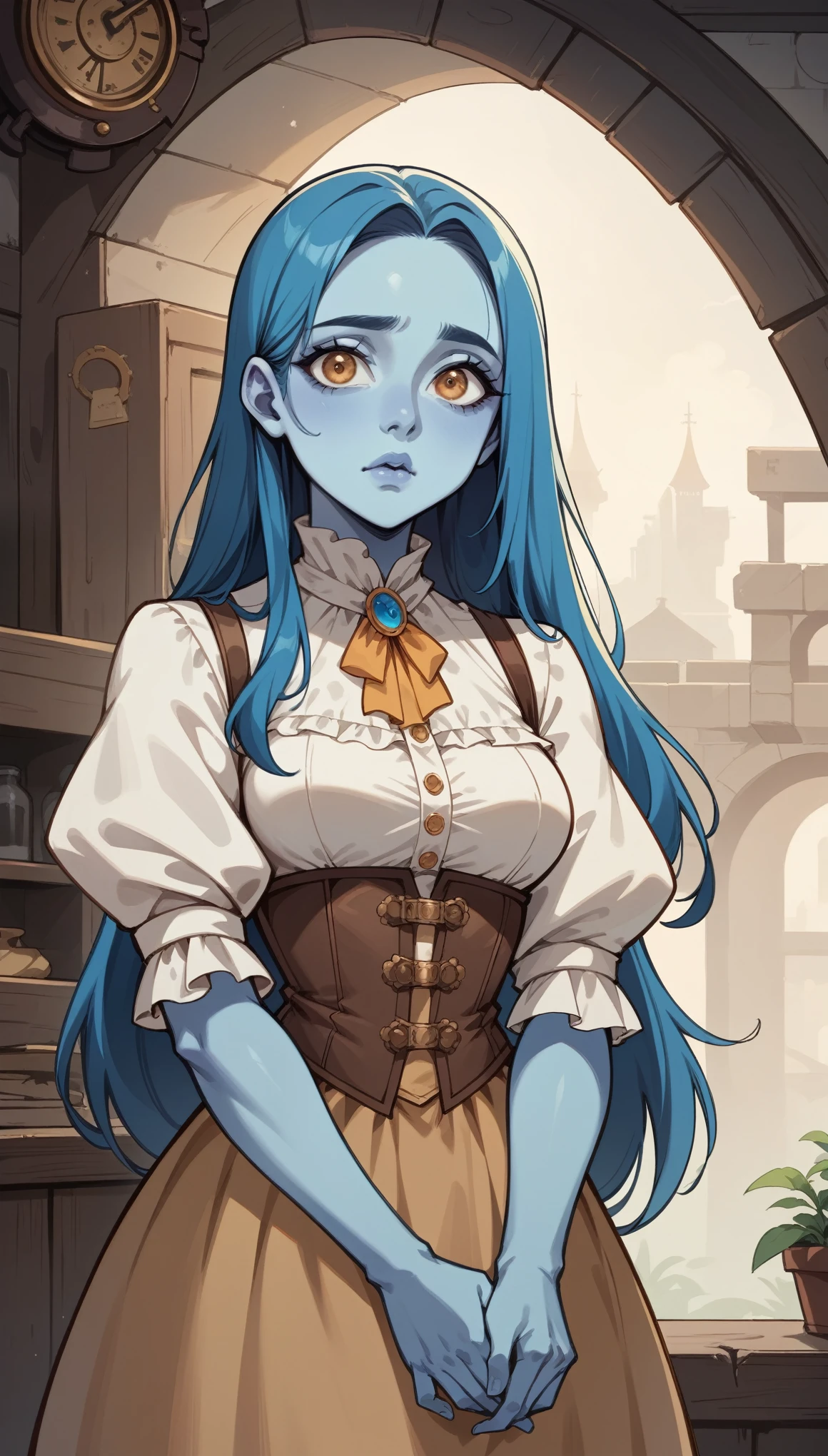 Masterpiece, best quality, hand-drawn style, lots of details, high quality, right shadows and ligh, female character age 35 years, azure-blue skin, oval face, round face, white long hair, oval brown-amber eyes, straight small snub nose, rising thin eyebrows, downward-turned lips, small chin, casual steampunk fantasy clothing