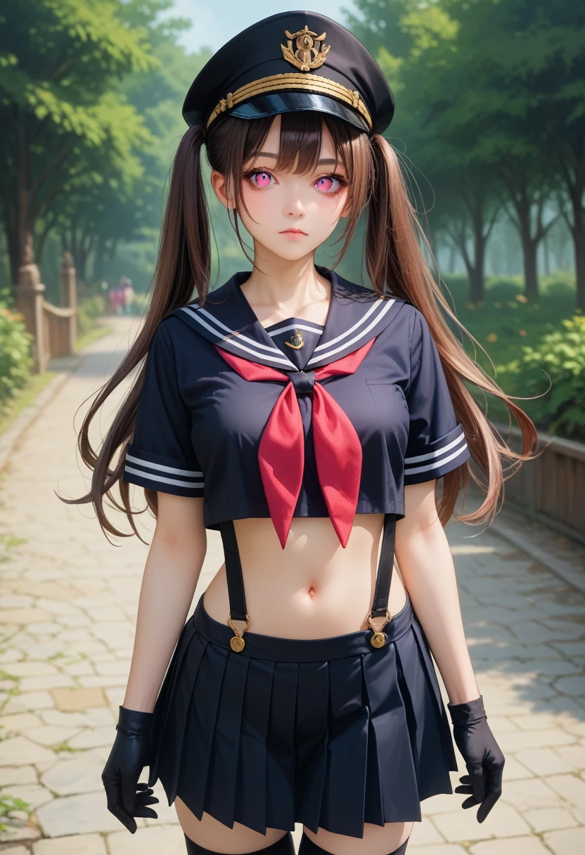 mrndnkk, pink eyes, brown hair, twintails, very long hair, bangs, black headwear, hat, sailor collar, serafuku, red neckerchief, black shirt, crop top, short sleeves, navel, midriff, suspenders, pleated skirt, black skirt, thighhighs, black gloves,score_9,score_8_up,score_7_up,masterpiece,best quality,perfect anatomy,very aesthetic,official art,8k,shiny_skin,fair_skin,white_skin, Идет по Улице с Улыбкой