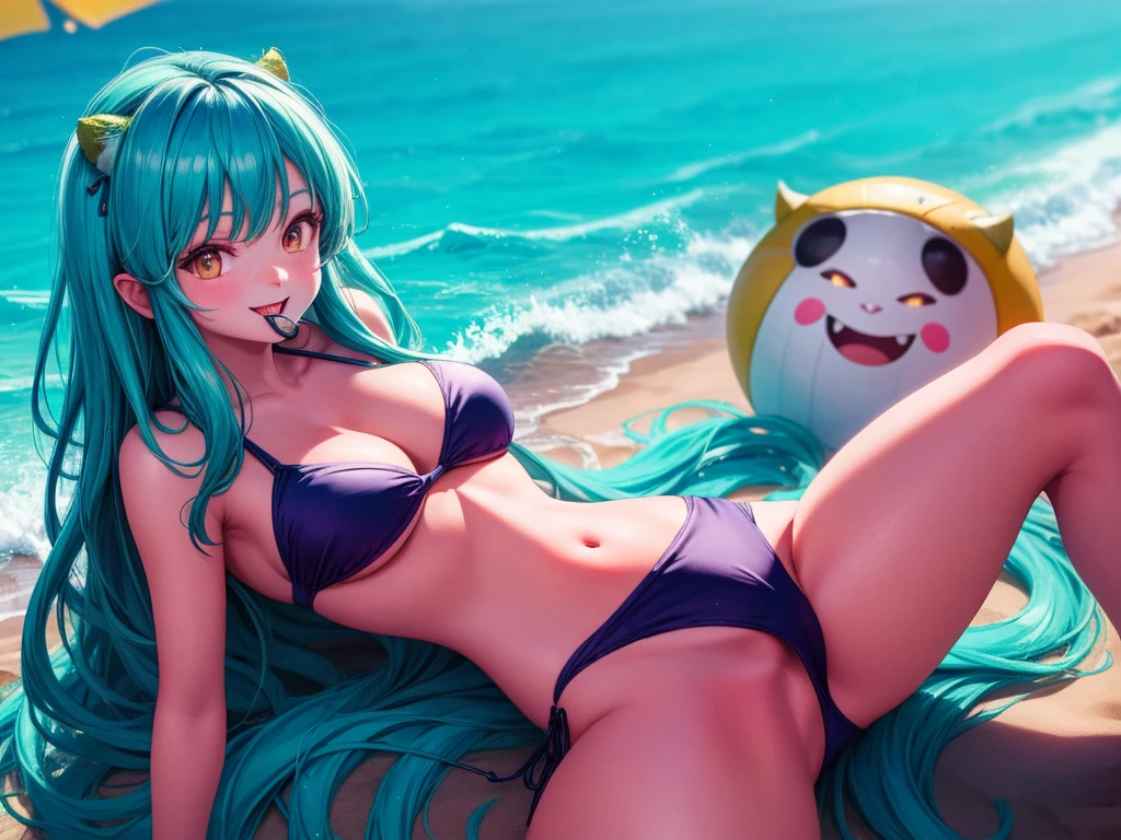Ram-chan,invader,Very tiny tiger stripe bikini, There are so many horizontal stripes in bikinis,Face forward and spread your legs wide., Big Ass,Resort Beach, sun, Highest quality, High definition, Variegated eyes, Beautiful Eyes, beautiful girl, Large Breasts, blush,（Two small demon horns on the head）,Sunlight shining from the front,Big Breasts,The swimsuit is digging in.Has horns on its head,smile,Hair is turquoise blue,Mouth open,I can see the fangs,
