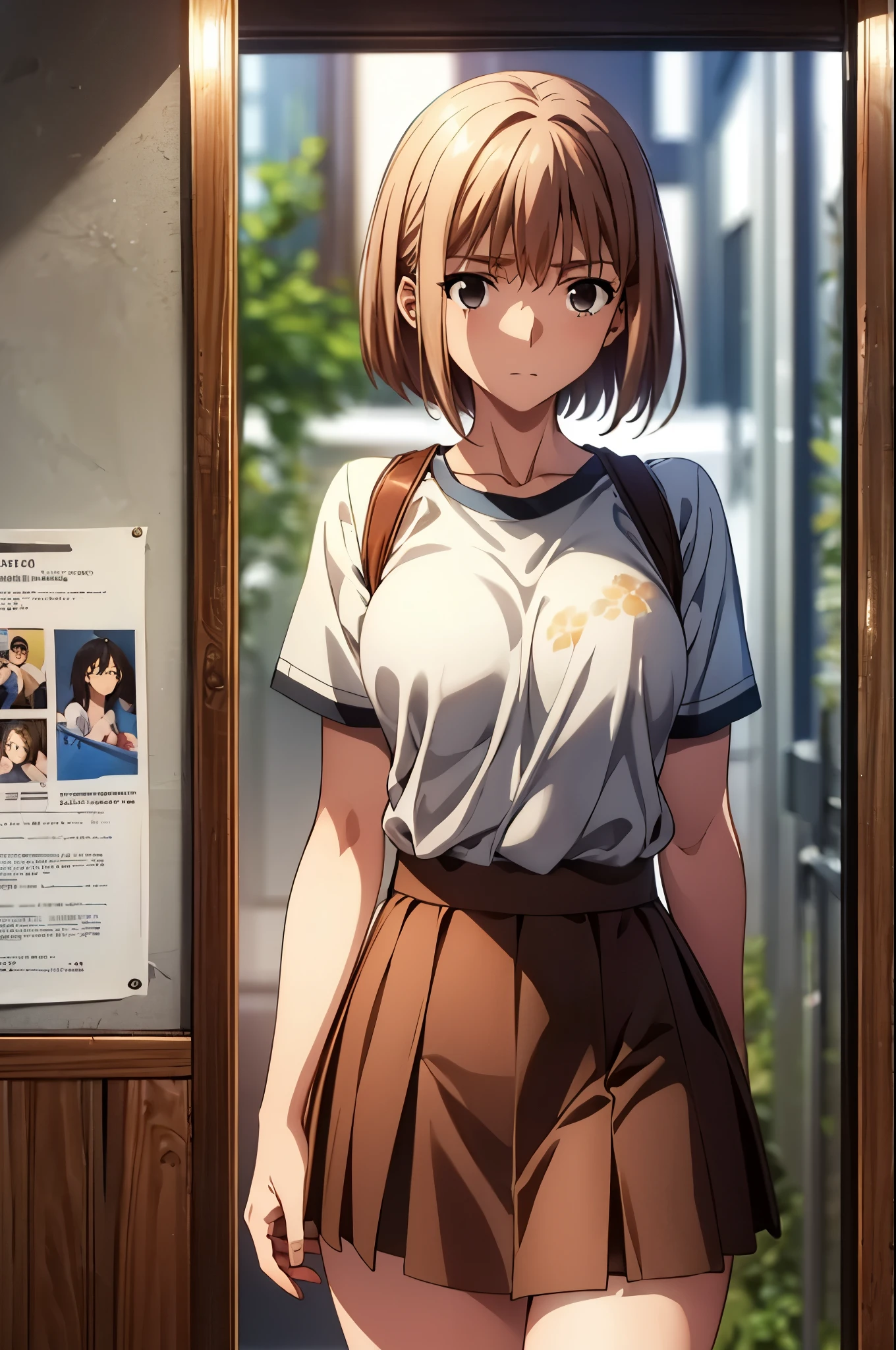 Masterpiece,Highest quality,8k,Ultra-high resolution,appropriate margins,Flawless2Book Arms,Flawless5本の指,Flawless人体,Flawless瞳,((Cowboy Shot)),BREAK,Bright expression,(1 person),(The most beautiful woman),Slim body,((The most extraordinary breasts)),Moisturized Skin,Fair skin,BREAK,((Chestnut Hair)),short hair,BREAK,Thin eyebrows,BREAK,(Black eyes),BREAK,(shirt),(skirt),(skirtの中にshirt),BREAK,Embarrassing,((Waiting at the meeting place.)),Make eye contact with your audience