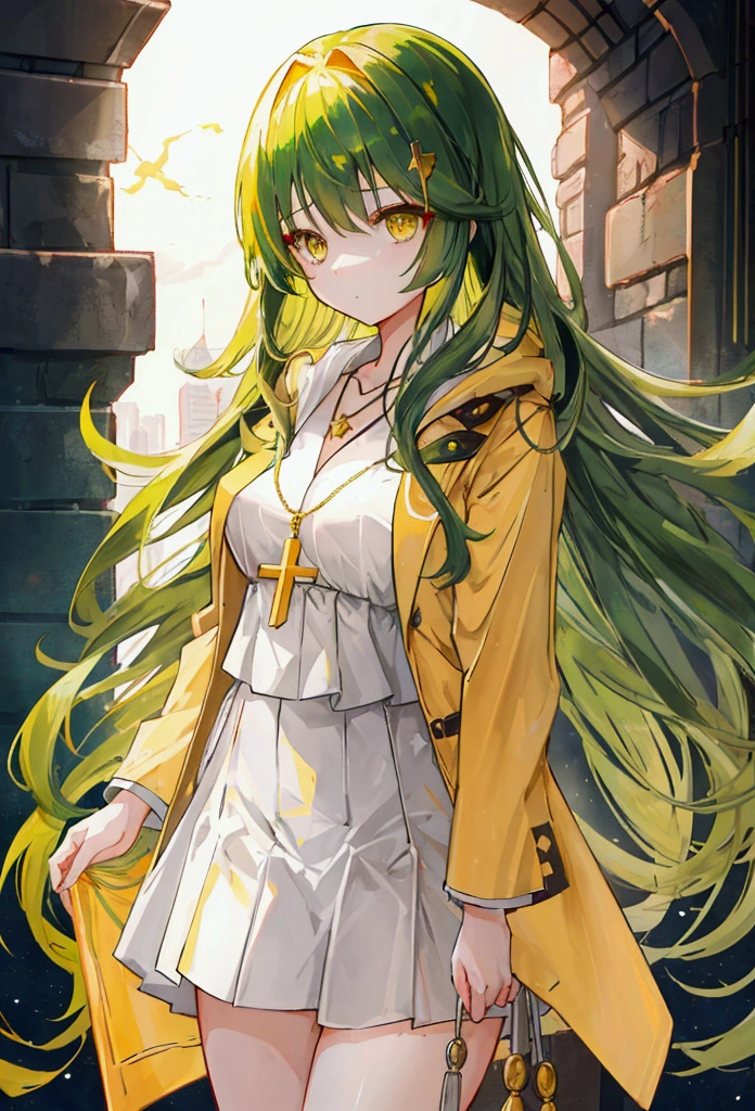 a girl with long dark green hair, yellow eyes,Suit，Bangs，The golden sun in the background，Silver cross necklace，
