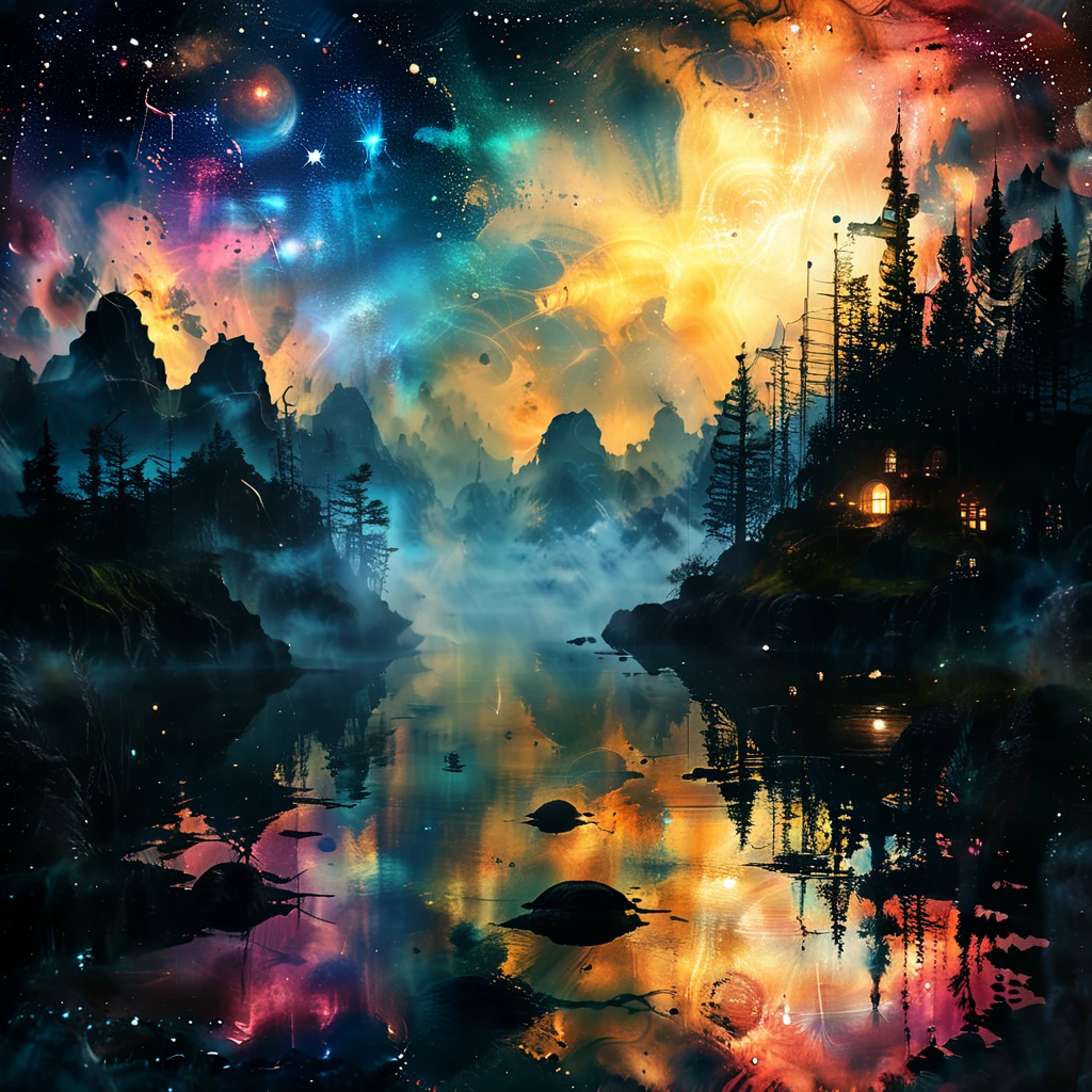 a galactic dreamlike landscape, mist, nebula, starry night sky, glowing planets, floating islands, ethereal atmosphere, cinematic lighting, volumetric lighting, dramatic lighting, intricate details, hyper-detailed, highly detailed, 8k, 4k, ultra-realistic, photorealistic, painting, digital art, concept art, masterpiece