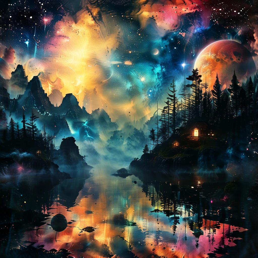 a galactic dreamlike landscape, mist, nebula, starry night sky, glowing planets, floating islands, ethereal atmosphere, cinematic lighting, volumetric lighting, dramatic lighting, intricate details, hyper-detailed, highly detailed, 8k, 4k, ultra-realistic, photorealistic, painting, digital art, concept art, masterpiece