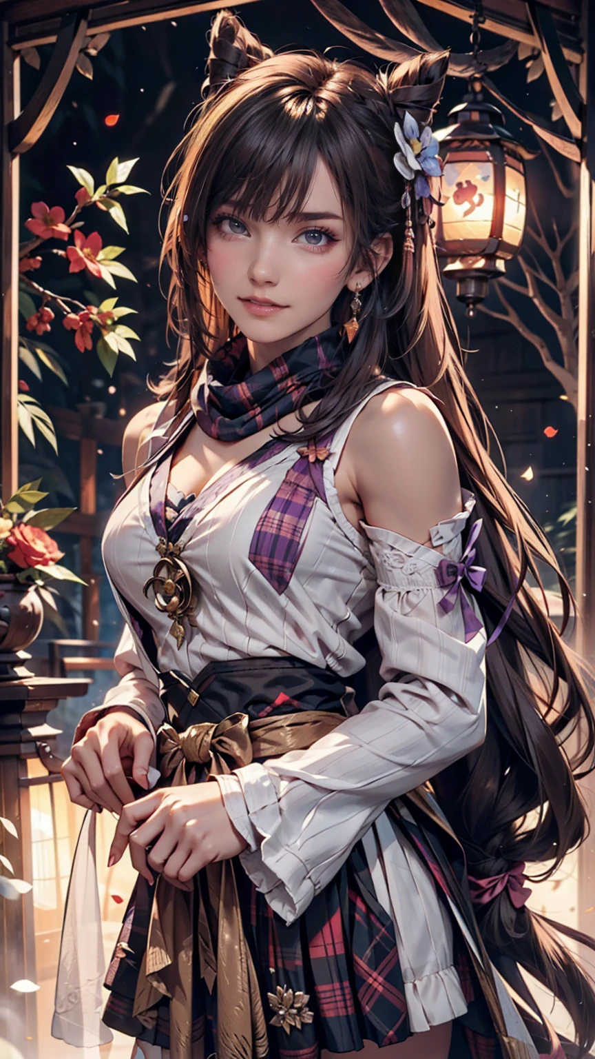 (Realistic painting style:0.9), masterpiece, Highest quality, Absurd, View your viewers, alone, Stingy (Lantern Ceremony) (Genshin Impact), Stingy (Genshin Impact), Hair Bun, skirt, scarf, purple sweater, white skirt, Purple Hair, sweater, Twin tails, Purple eyes, Diamond-shaped pupils, hair ornaments, Exposing shoulders, smile, chest, cone Hair Bun, Long Hair, belt, Double Bang, Long sleeve, bangs, bow, Hair Flower, hair bow,ribbon, hair ribbon, Braiding, Plaid scarf, Plaid, Off the shoulder