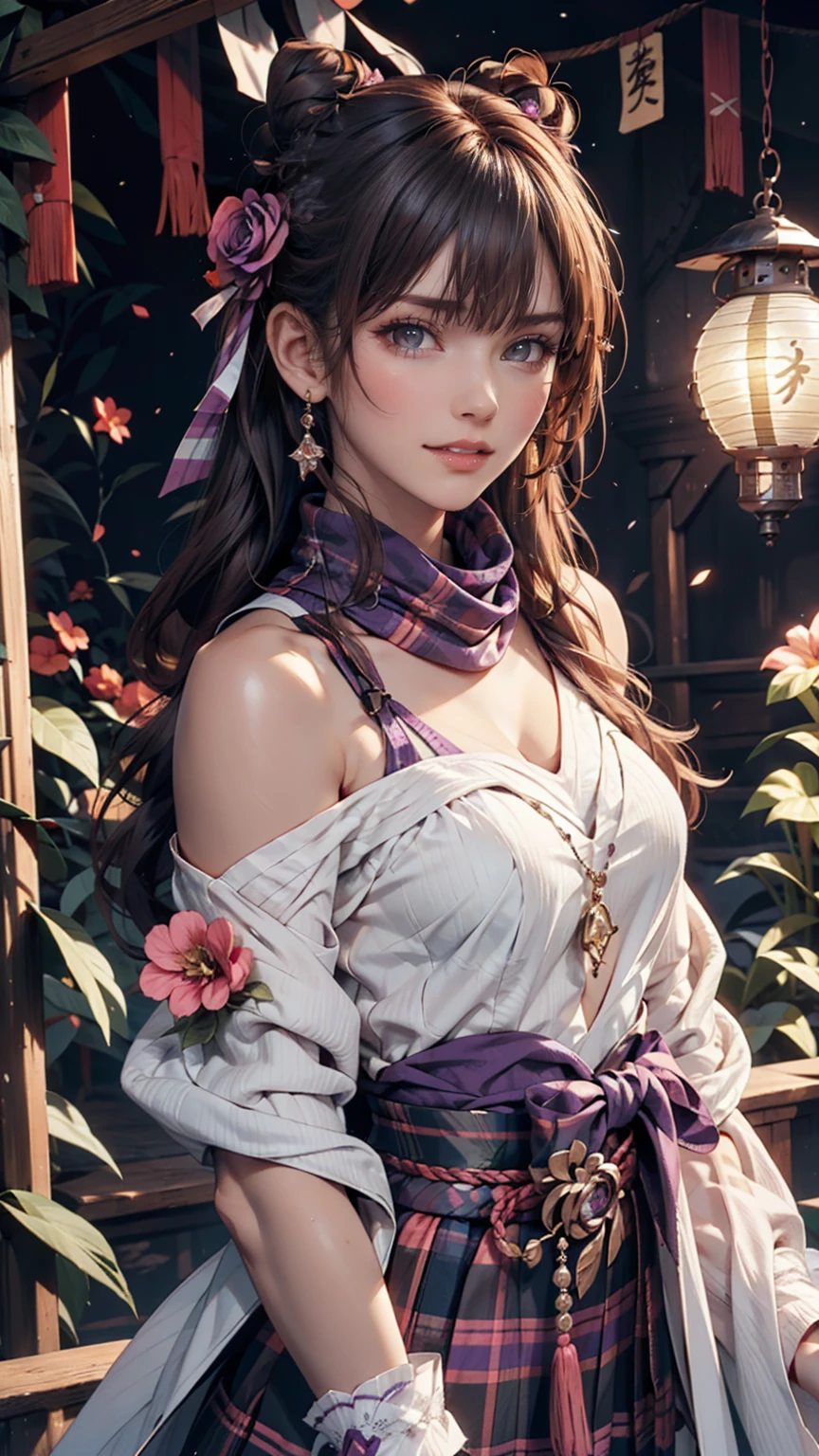 (Realistic painting style:0.9), masterpiece, Highest quality,  Absurd, View your viewers, alone, Stingy (Lantern Ceremony) (Genshin Impact), Stingy (Genshin Impact), Hair Bun, skirt, scarf, purple sweater, white skirt, Purple Hair, sweater, Twin tails, Purple eyes, Diamond-shaped pupils, hair ornaments, Exposing shoulders, smile, chest, cone Hair Bun, Long Hair, belt, Double Bang, Long sleeve, bangs, bow, Hair Flower, hair bow,ribbon, hair ribbon, Braiding, Plaid scarf, Plaid, Off the shoulder