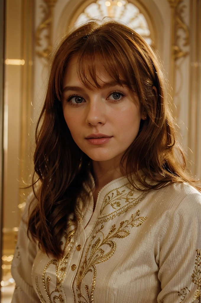 Ginger-haired Russian woman in traditional winter attire, capturing the essence of multiple adjectives such as kind-hearted, warm-hearted, sweet, polite, sensitive, friendly, charming, graceful, stylish, classy, alluring, majestic, ethereal, angelical, long hair framing the face, intricate embroidery on costume, soft glow accentuating gentle facial features, shot in the golden hour light.