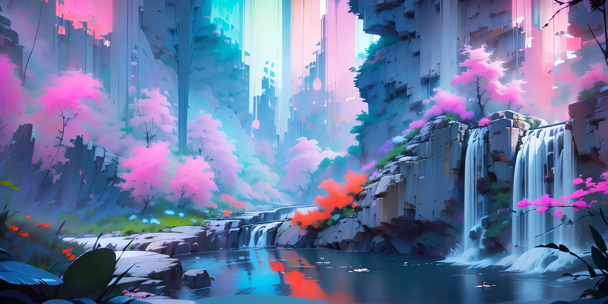 Dessinez un poster d'un village, dans le style lofi, décoration féérique, cascade de lumière, grotte, stalagmites, stalactites, champignon, cristaux, la nuit, belle palette de couleurs varié, couleurs saturées vibrantes, œuvre d'art, aucun humain, thème lumineux.