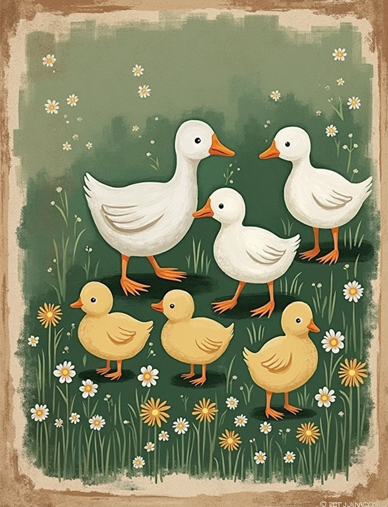 Create a vintage-style nursery wall art featuring a mother duck with her ducklings in a serene meadow. The scene should evoke a sense of nostalgia, capturing the essence of cottagecore decor. The background should be a soft, pastel meadow with subtle wildflowers, and the mother duck leading her ducklings should be the focal point. The style should blend abstract elements with a vintage painting technique, making it perfect for farmhouse wall decor. The colors should be muted and earthy, with a soft, warm palette that complements a cozy, farmhouse aesthetic