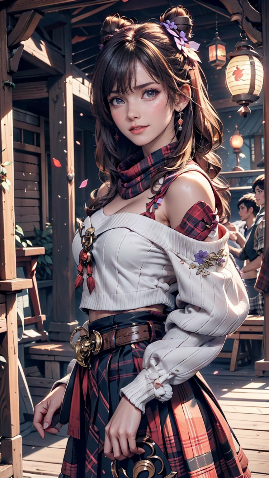 (Realistic painting style:0.9), masterpiece, Highest quality, Absurd, View your viewers, alone, Stingy (Lantern Ceremony) (Genshin Impact), Stingy (Genshin Impact), Hair Bun, skirt, scarf, purple sweater, white skirt, Purple Hair, sweater, Twin tails, Purple eyes, Diamond-shaped pupils, hair ornaments, Exposing shoulders, smile, chest, cone Hair Bun, Long Hair, belt, Double Bang, Long sleeve, bangs, bow, Hair Flower, hair bow,ribbon, hair ribbon, Braiding, Plaid scarf, Plaid, Off the shoulder