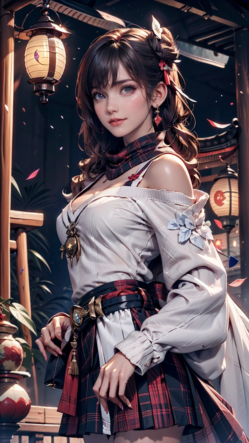 (Realistic painting style:0.9), masterpiece, Highest quality, Absurd, View your viewers, alone, Stingy (Lantern Ceremony) (Genshin Impact), Stingy (Genshin Impact), Hair Bun, skirt, scarf, purple sweater, white skirt, Purple Hair, sweater, Twin tails, Purple eyes, Diamond-shaped pupils, hair ornaments, Exposing shoulders, smile, chest, cone Hair Bun, Long Hair, belt, Double Bang, Long sleeve, bangs, bow, Hair Flower, hair bow,ribbon, hair ribbon, Braiding, Plaid scarf, Plaid, Off the shoulder