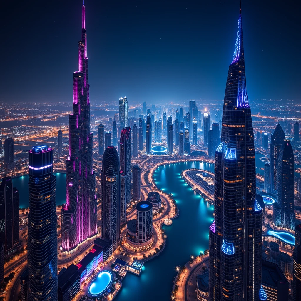 Dubai night view with beautiful futuristic city buildings lit up with cyber neon lights and a sea resort in the distance