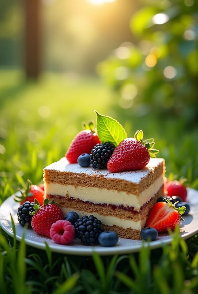 Natural scene, detailed photo of tiramisu cake plate in the middle (slightly to the left) with a fork, surrounded by berries, light shining on the cake plate