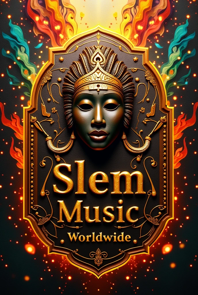 prompt to generate an Imagine a visual work where the sign "Slem music worldwide (SLW)" stands out in the center, with its elegant gold lettering and a soft glow emanating around it, creating a luminous halo. Integrated into this sign, It is an imposing African mask, carved with rich, deep detail, which symbolizes the connection with ancestry and culture. The fusion of the modern sign and the traditional mask creates a powerful representation of the junction between past and present., where the contemporary embraces the ancient.
The golden lights of the sign don't just illuminate the words, but also highlight the characteristics of the mask, like its meticulous features and expressiveness. ao redor, the environment is filled with a vibrant musical scene. Musical notes float through space, and traditional and modern instruments are interspersed, forming a true visual symphony that celebrates cultural diversity and unity through music. This composition, proto, it's not just a work of art, but a tribute to the continuity and evolution of cultures over time.