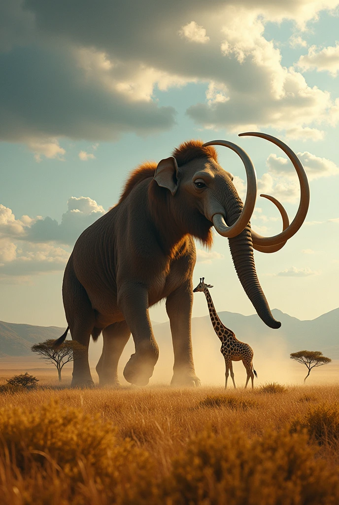 Powerful mammoth stands triumphantly on a dusty African savanna, with mouth open and having bigger tusk