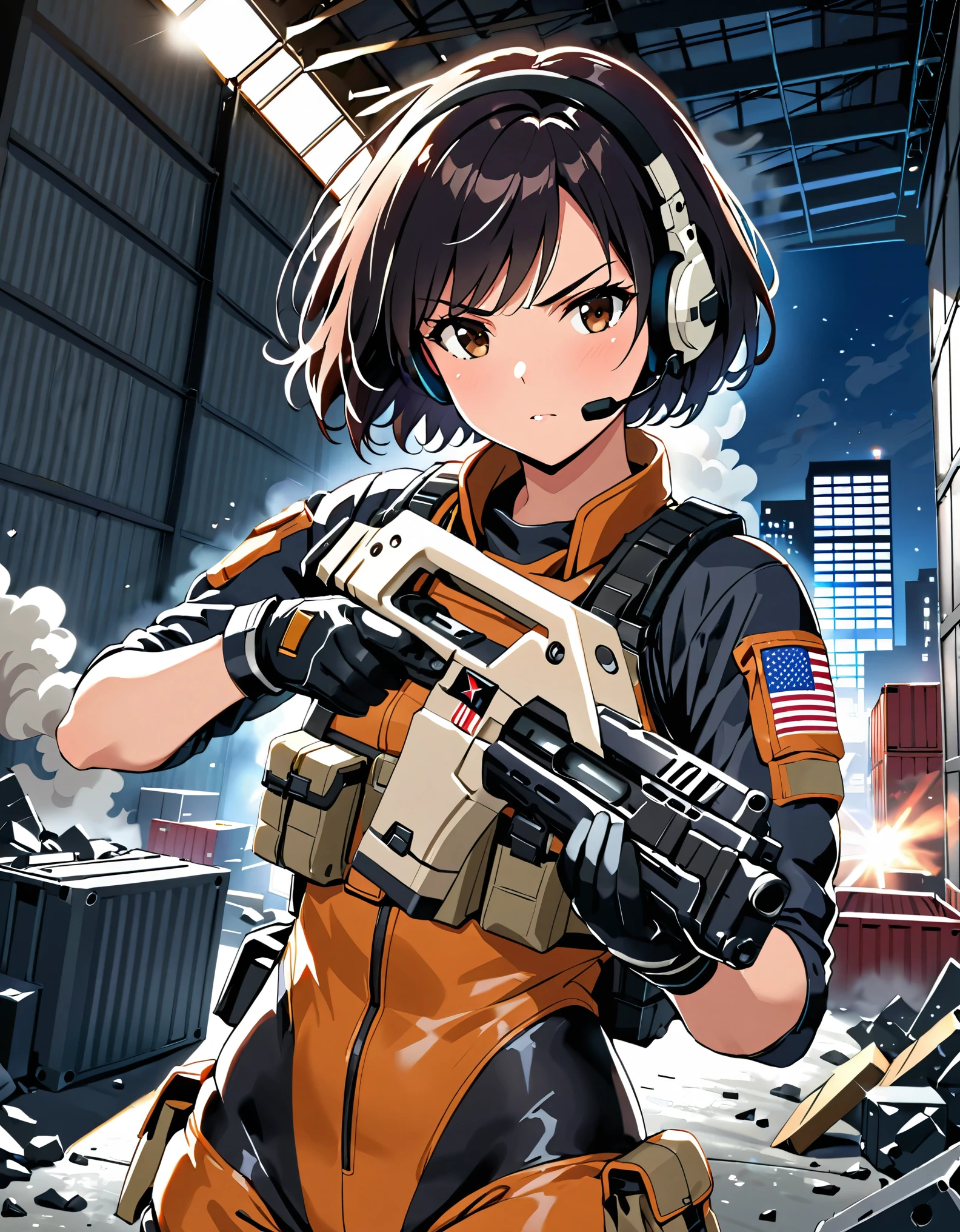 1girl, solo, short hair, black hair, brown eyes, skintight, astronaut, black leatord, tactical gear, gloves, headset, sweat, serious expression, holding gun, m41apls, aiming, trigger discipline, dutch angle, indoors, warehouse, dark, night, debris, backlighting, new york backdrop, smoke, best quality, masterpiece, alien creature behind her.