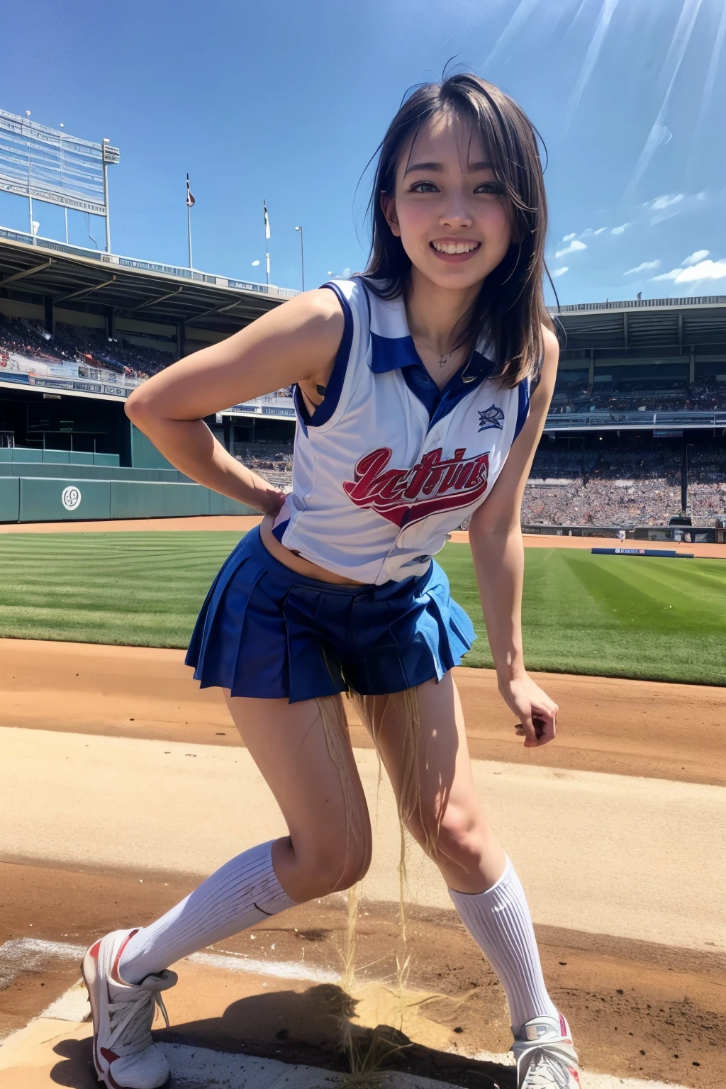 (nsfw:-2),(realistic, photo-realistic:1.4), (masterpiece,best quality:1.2), RAW photo, high resolution, intricate details extremely detailed, realistic and sharp details, solo, 1girl, a 19 years old woman, (cheerleader girl), (sleeveless shirt, miniskirt, cheerleader uniform:1.4), shoes, dark hair, (detailed face, beautiful detailed eyes, sophisticated nose), pale skin, sweaty, shiny skin, (standing on the audience area in baseball stadium, leaning forward:1.5), (peeing self, pee stain, urinate a lot, urination:1.5), (pee puddle), desperate pose for peeing, desperate face for peeing,photo background, outdoors, daytime,,,[Rio Shimizu,Hinatazaka46]