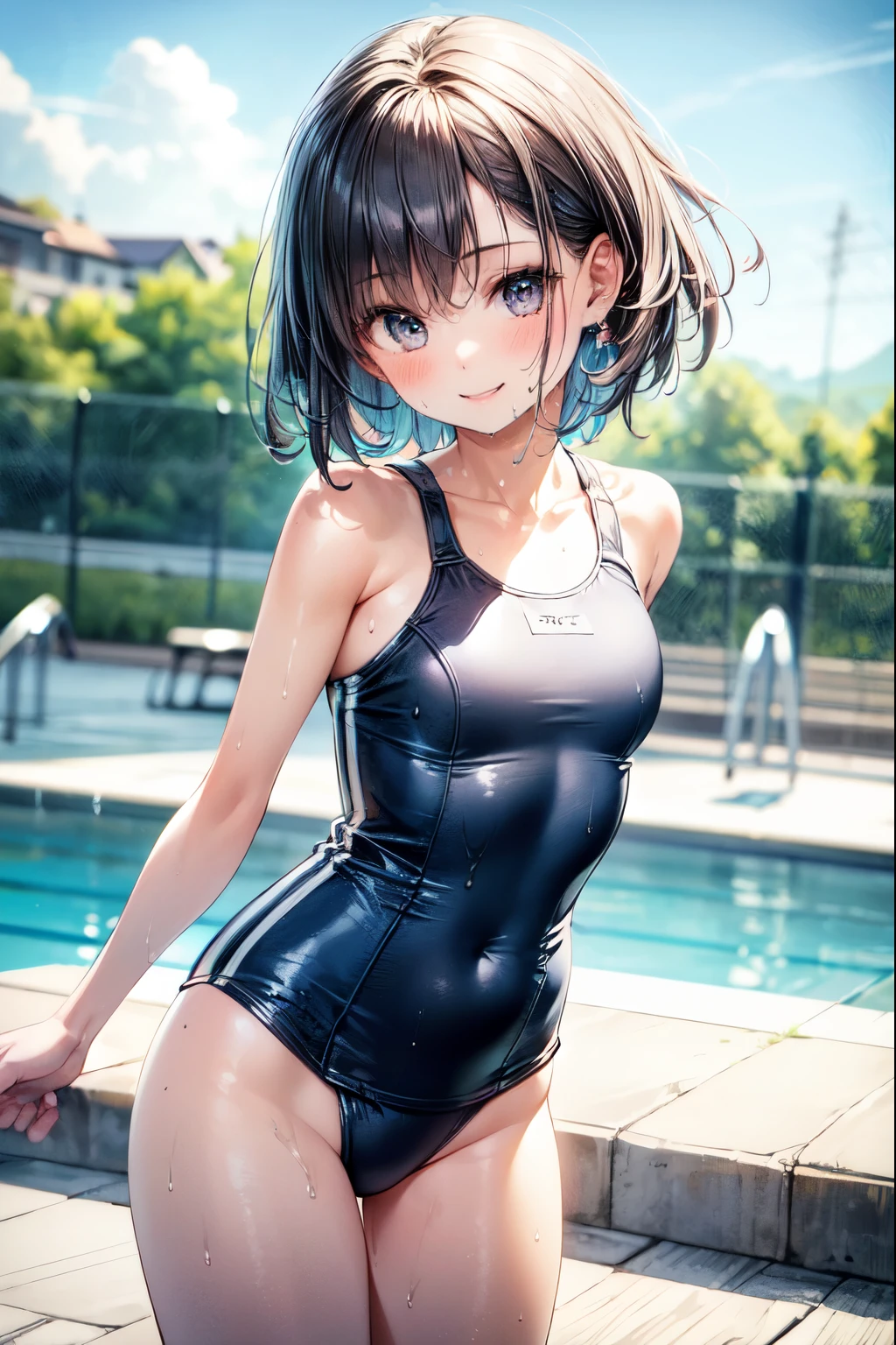 very cute and beautiful girl,(highly detailed beautiful face),(blue school swimsuit),sweat,wet,
beautiful legs,model posing,(pool side),summer,countryside,grassland,
(smile),happy,looking at viewer,black hair,cowboy shot,
(best quality,masterpiece),absurdres,highres,ultra-detailed,extremely detailed,32k,
cinematic scene,detailed background,solo,dynamic angle,
hair fluttering in the wind,beautiful detailed sky,(realistic,photorealistic),