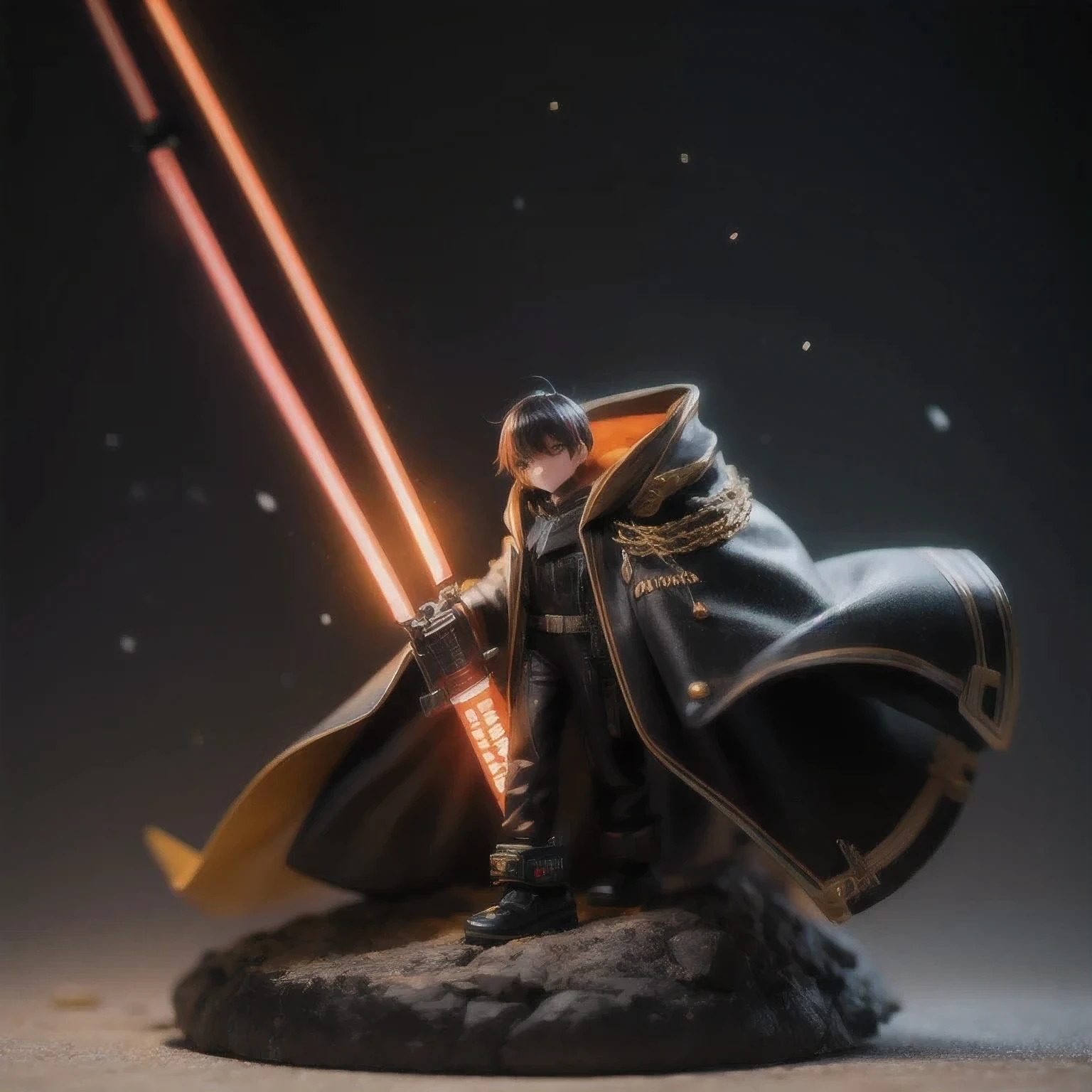 Black gold silk cyberpunk mine snow light orange rough linen cloak 6Trump lightsaber space floating 1:6 Miniatures，illustration