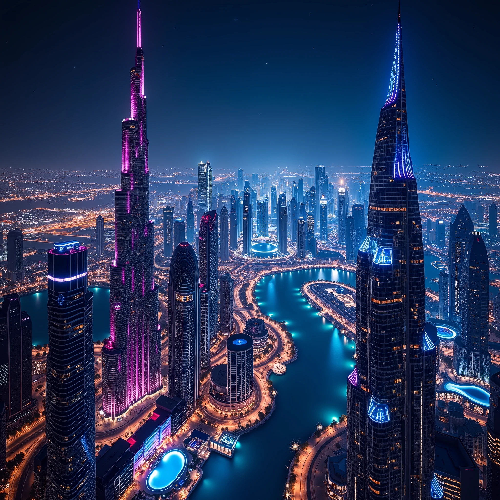 Dubai night view with beautiful futuristic city buildings lit up with cyber neon lights and a sea resort in the distance