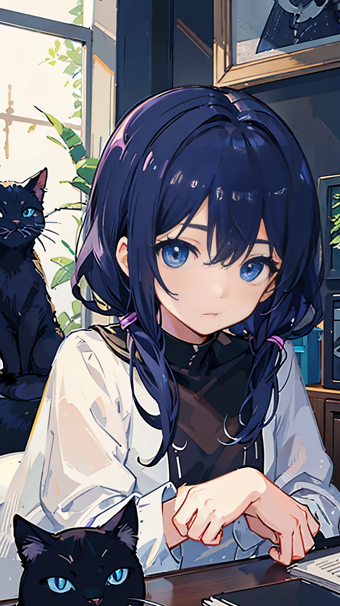 Pitch black cat、Light blue eyes、curled up alone in a room、A close-up of a cat、The background is night