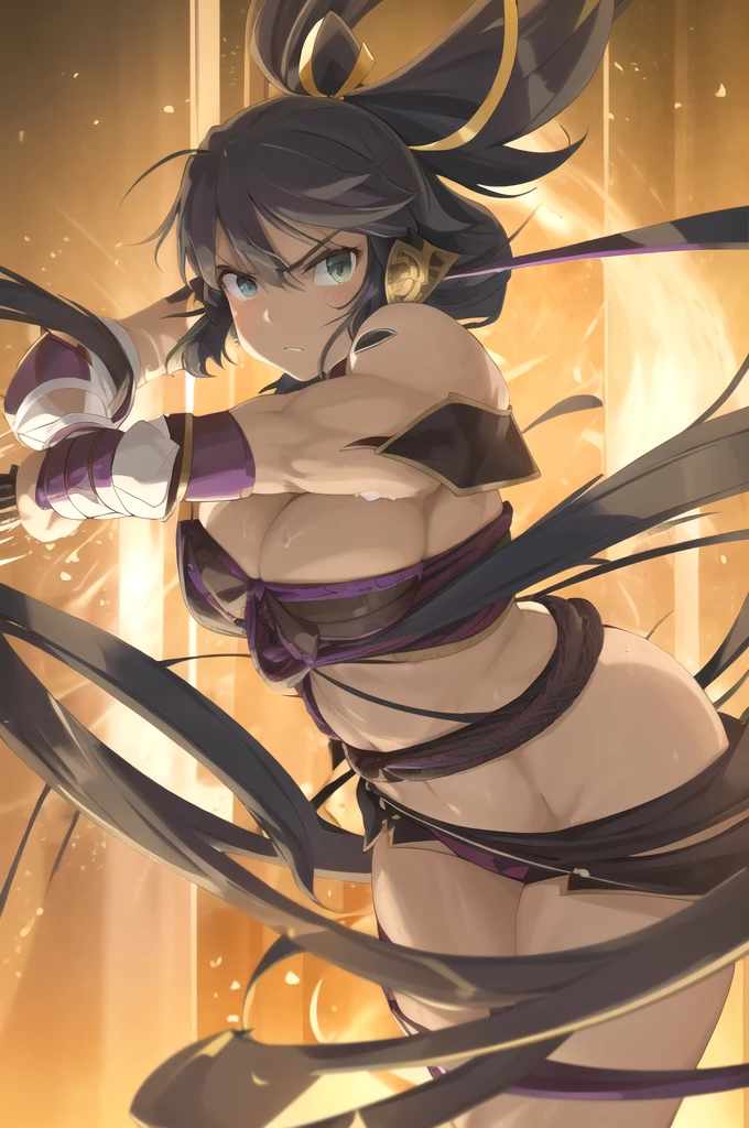 masterpiece, best quality,homura (senran kagura), 1girl, Body and Physique:
Homura has a well-defined, athletic build that reflects her ninja training. Her body is lean and toned, with prominent muscle definition in her arms and legs, indicating her strength and agility. Her waist is narrow, leading to a more pronounced hourglass figure, which is accentuated by the design of her outfit. Her posture is often upright and confident, embodying the discipline and skill of a seasoned warrior. Despite her sleek and agile appearance, she maintains a strong and resilient physique, essential for her role in battle.
Additional Details:
Homura’s overall appearance is designed to convey both her prowess as a fighter and her striking, almost intimidating presence. Her attire and demeanor highlight her dual nature: a fierce warrior with a strong sense of honor and a striking, elegant appearance. This balance of strength and grace makes her a memorable and visually compelling character in Senran Kagura. Homura’s eyes are a vivid, captivating green, glowing with an intensity that reflects her fierce determination and unwavering spirit. Her gaze is sharp and focused, often fixed with a resolute intensity that reveals her inner strength and leadership. The rich green hue of her eyes adds a striking contrast to her features, drawing attention and leaving a lasting impression on anyone who meets her gaze. Her facial features are well-defined and strong, perfectly complementing her confident and commanding presence. High, prominent cheekbones accentuate her face, giving her a look of determination and resilience. Her slightly arched eyebrows frame her eyes, further emphasizing her expressive and intense gaze. Homura’s nose is straight and balanced, adding to the symmetry and harmony of her facial features.