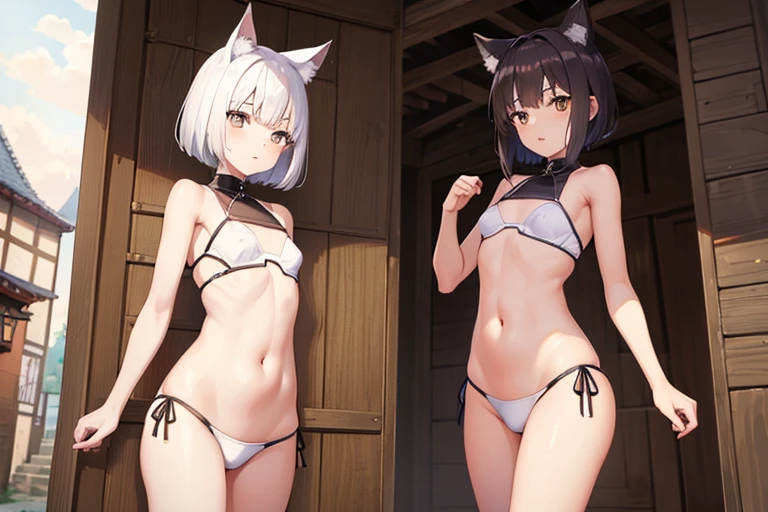 Two Girls cute Background inside a medieval town (Two Girls Wolf ears Brown short hair Surcourt White shorthair White samurai) Petite Normal chest Thin thighs first round
